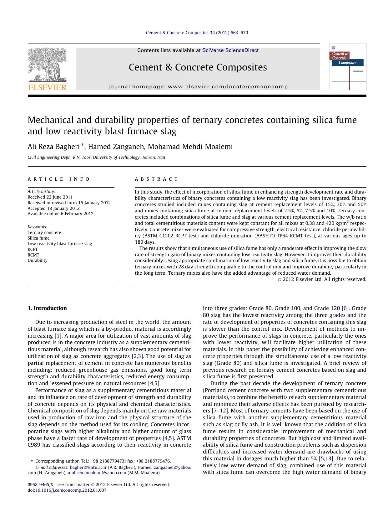 Mechanical and durability properties of ternary concretes containing silica fume and low reactivity blast furnace slag by Ali Reza Bagheri & Hamed Zanganeh & Mohamad Mehdi Moalemi