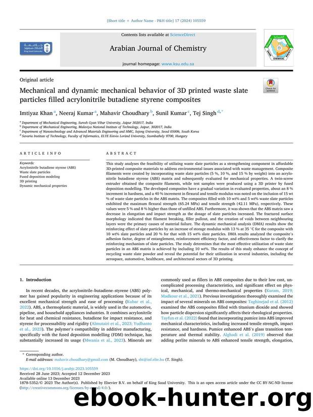 Mechanical and dynamic mechanical behavior of 3D printed waste slate particles filled acrylonitrile butadiene styrene composites by Imtiyaz Khan & Neeraj Kumar & Mahavir Choudhary & Sunil Kumar & Tej Singh