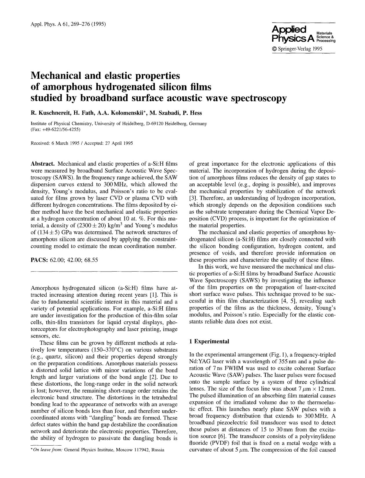 Mechanical and elastic properties of amorphous hydrogenated silicon films studied by broadband surface acoustic wave spectroscopy by Unknown