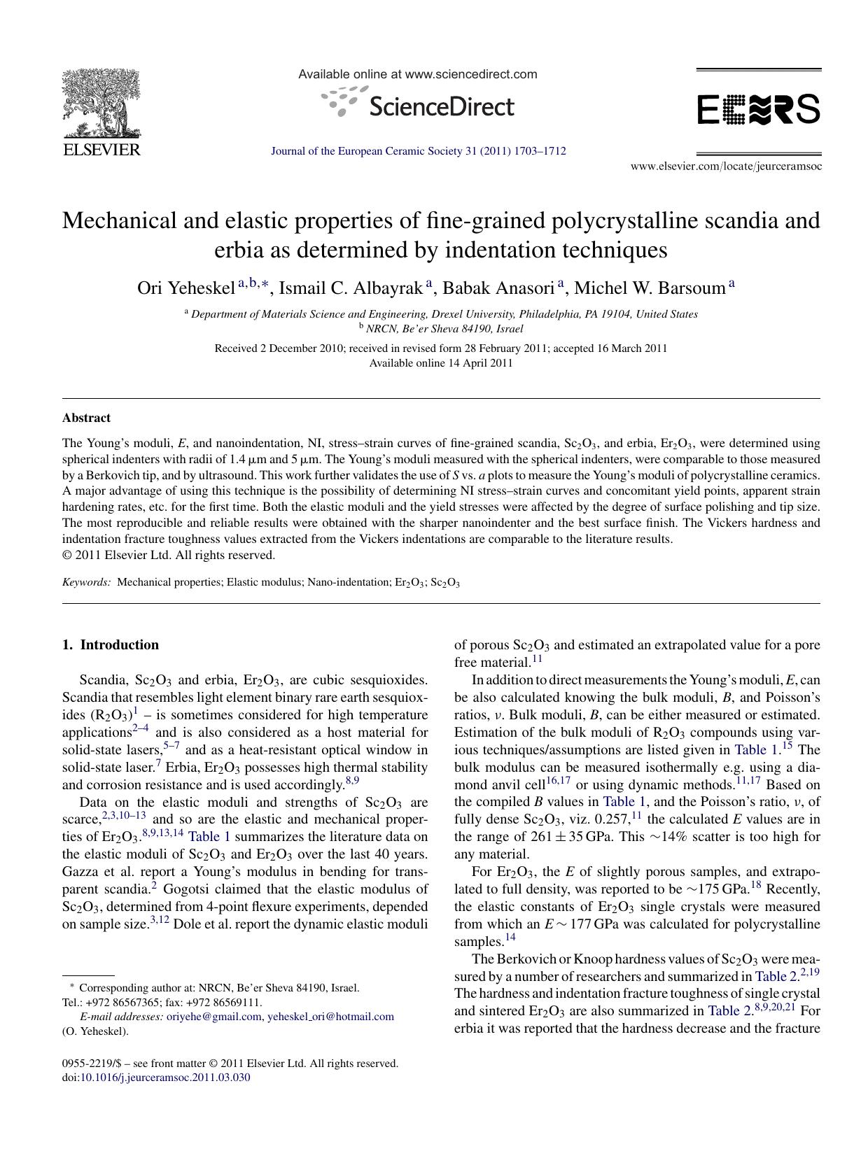 Mechanical and elastic properties of fine-grained polycrystalline scandia and erbia as determined by indentation techniques by Ori Yeheskel & Ismail C. Albayrak & Babak Anasori & Michel W. Barsoum
