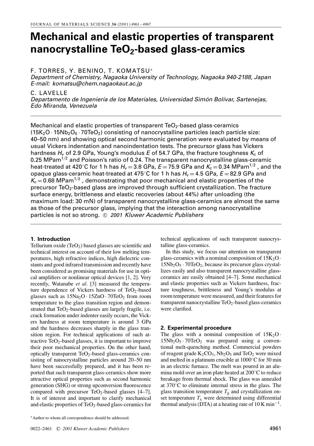 Mechanical and elastic properties of transparent nanocrystalline TeO2-based glass-ceramics by Unknown
