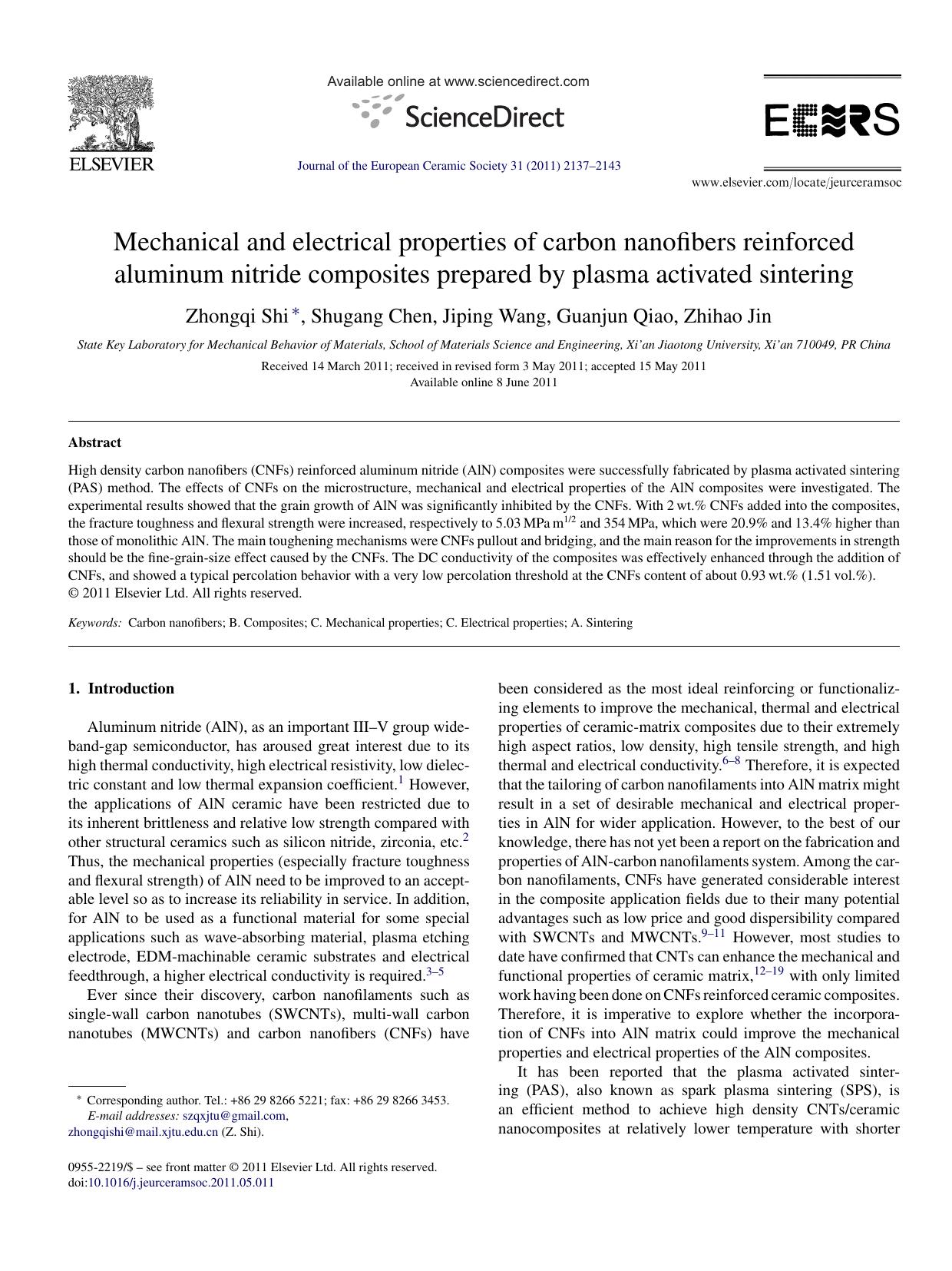 Mechanical and electrical properties of carbon nanofibers reinforced aluminum nitride composites prepared by plasma activated sintering by Zhongqi Shi