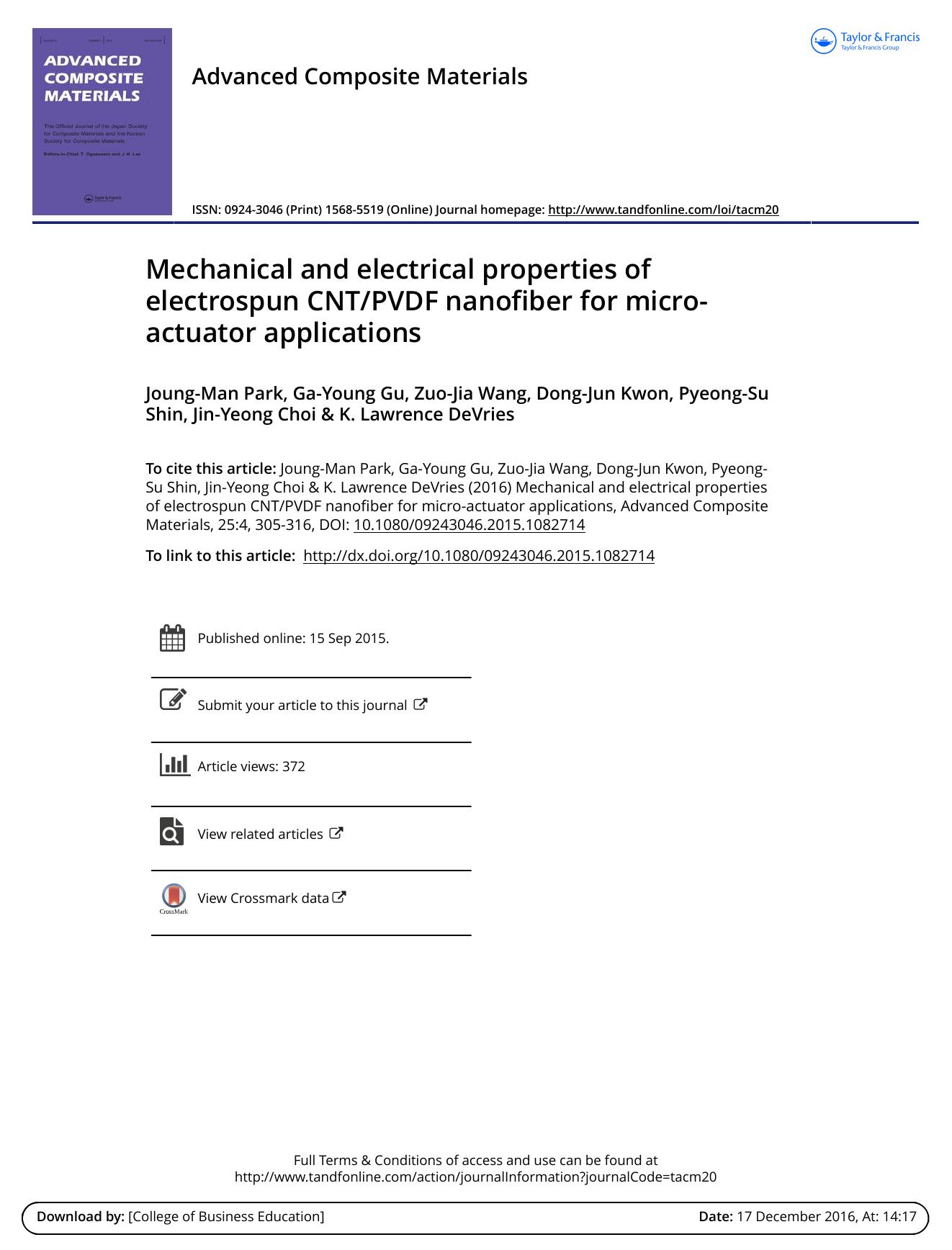Mechanical and electrical properties of electrospun CNTPVDF nanofiber for micro-actuator applications by unknow