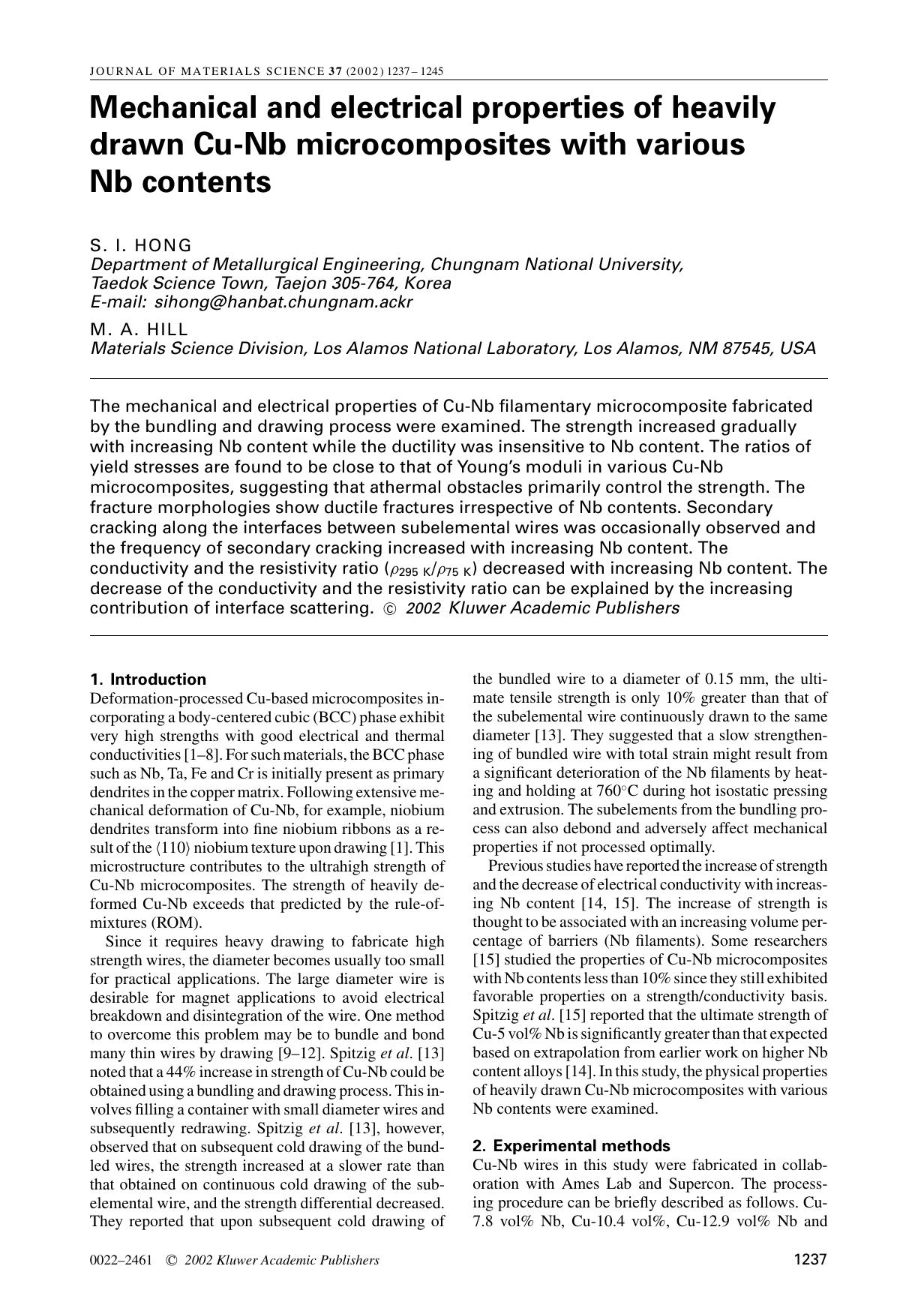 Mechanical and electrical properties of heavily drawn Cu-Nb microcomposites with various Nb contents by Unknown