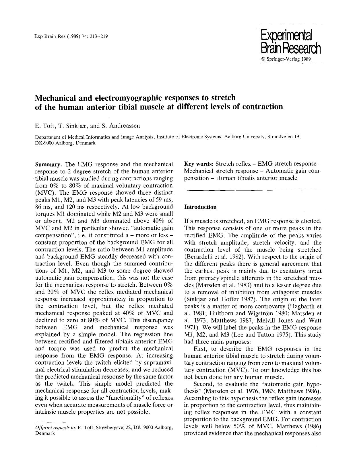 Mechanical and electromyographic responses to stretch of the human anterior tibial muscle at different levels of contraction by Unknown