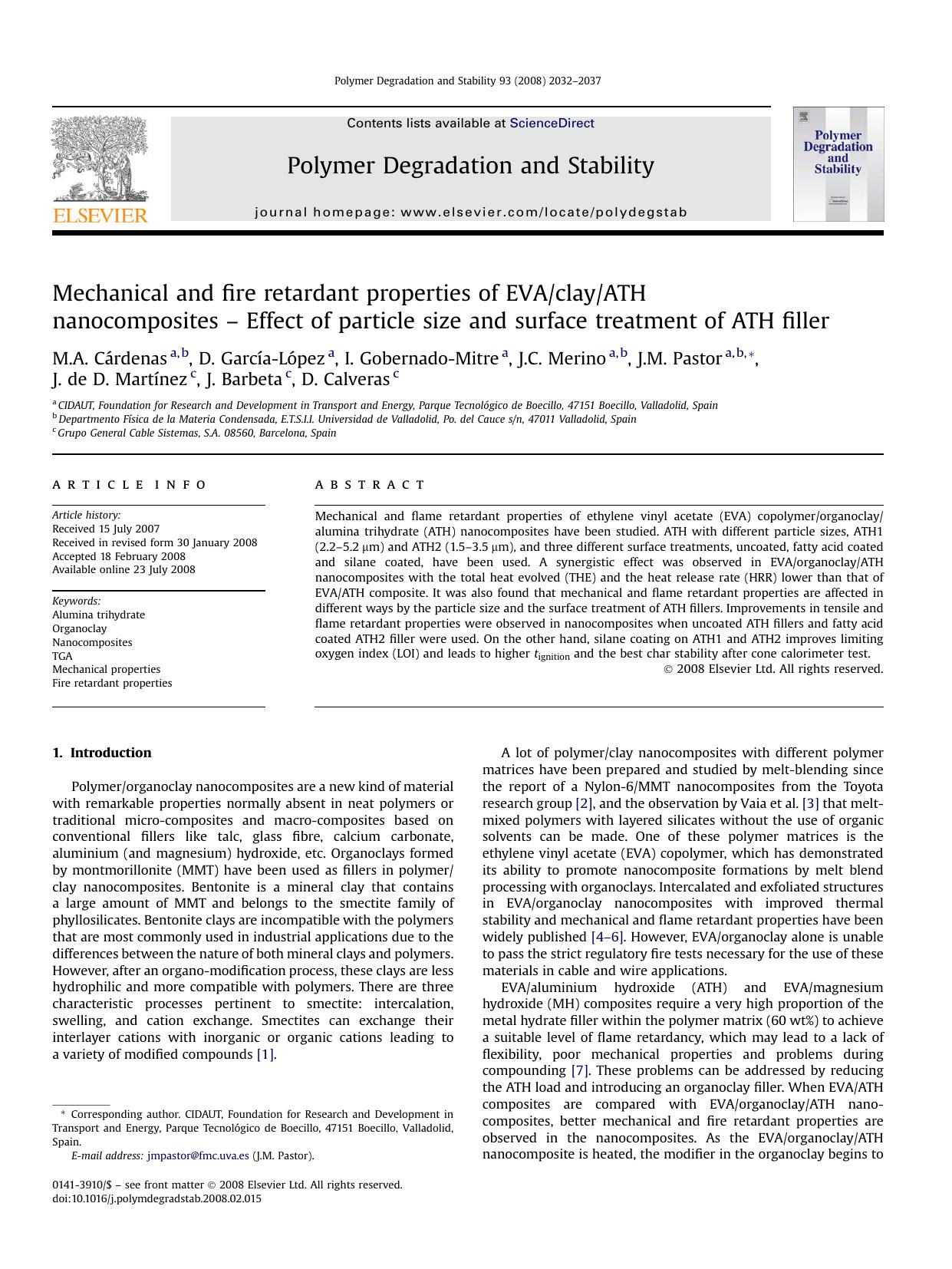 Mechanical and fire retardant properties of EVAclayATH nanocomposites â Effect of particle size and surface treatment of ATH filler by unknow