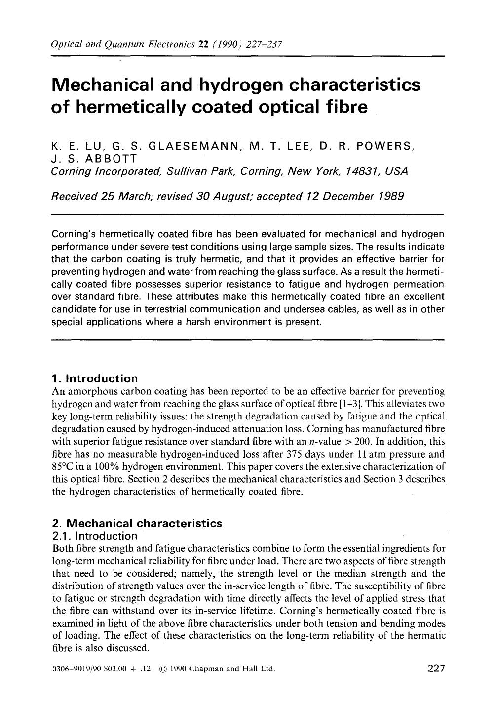Mechanical and hydrogen characteristics of hermetically coated optical fibre by Unknown