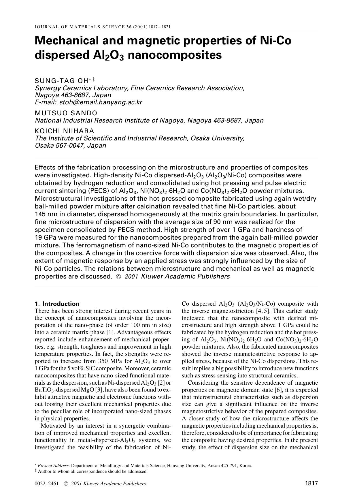 Mechanical and magnetic properties of Ni-Co dispersed Al2O3 nanocomposites by Unknown