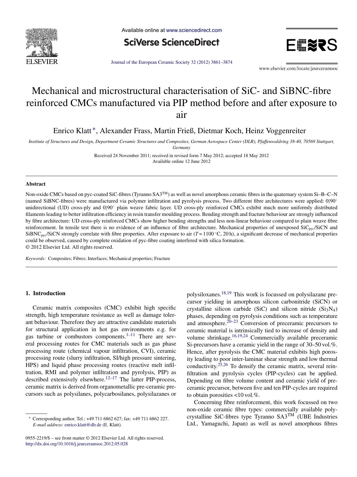 Mechanical and microstructural characterisation of SiC- and SiBNC-fibre reinforced CMCs manufactured via PIP method before and after exposure to air by Enrico Klatt