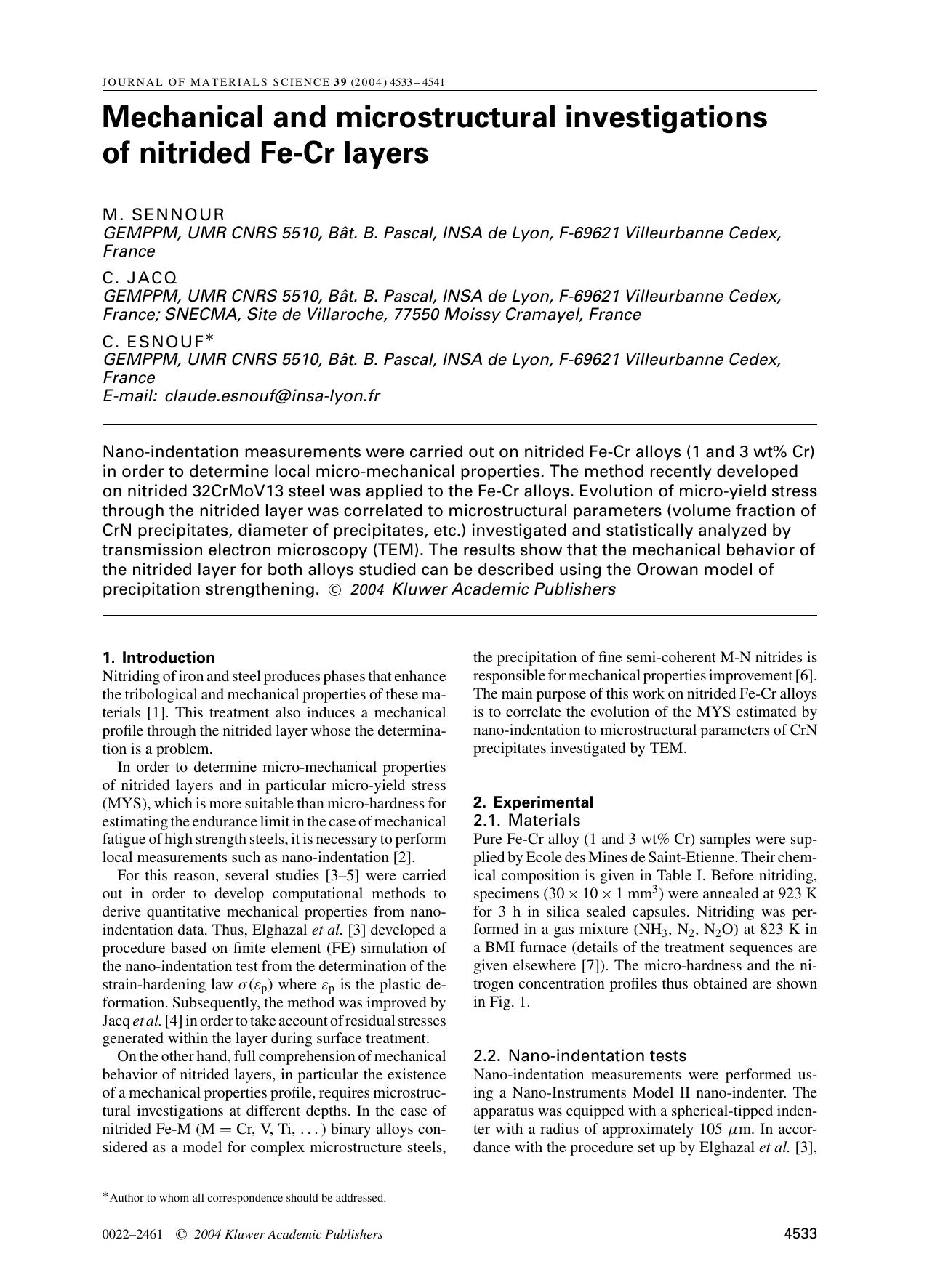 Mechanical and microstructural investigations of nitrided Fe-Cr layers by Unknown