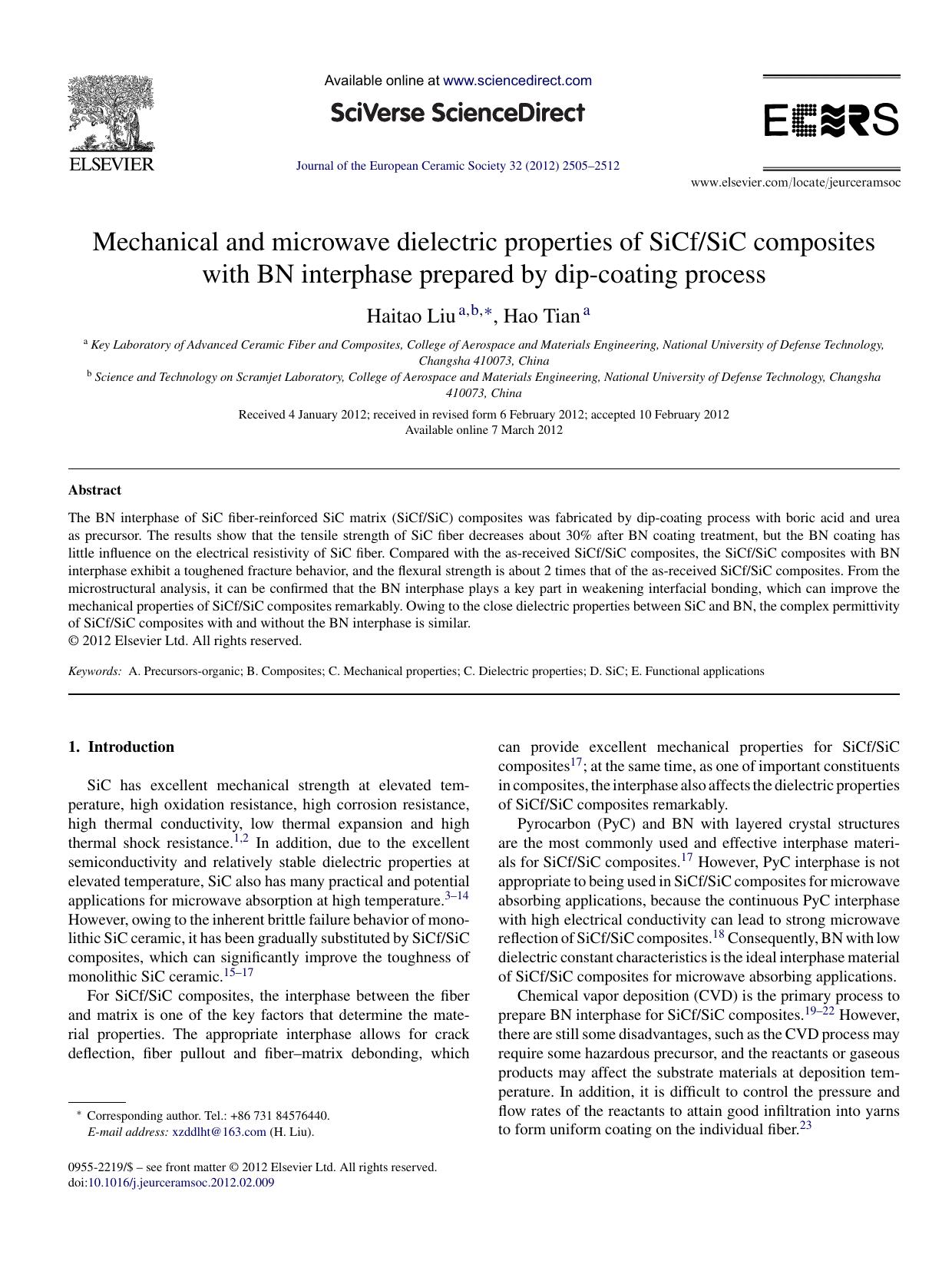 Mechanical and microwave dielectric properties of SiCfSiC composites with BN interphase prepared by dip-coating process by Haitao Liu