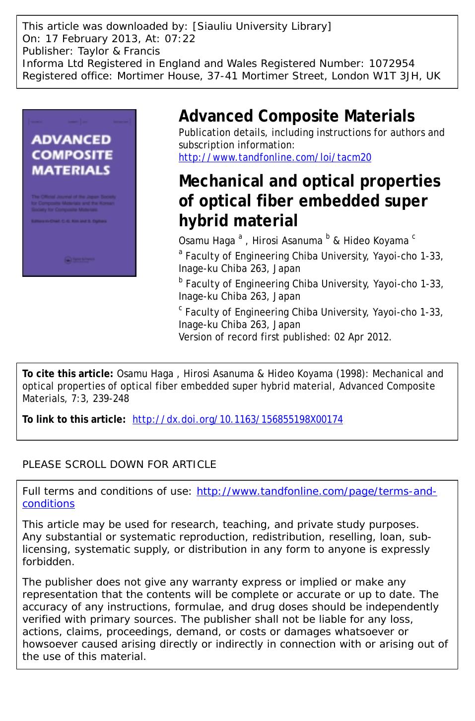 Mechanical and optical properties of optical fiber embedded super hybrid material by Osamu Haga Hirosi Asanuma & Hideo Koyama