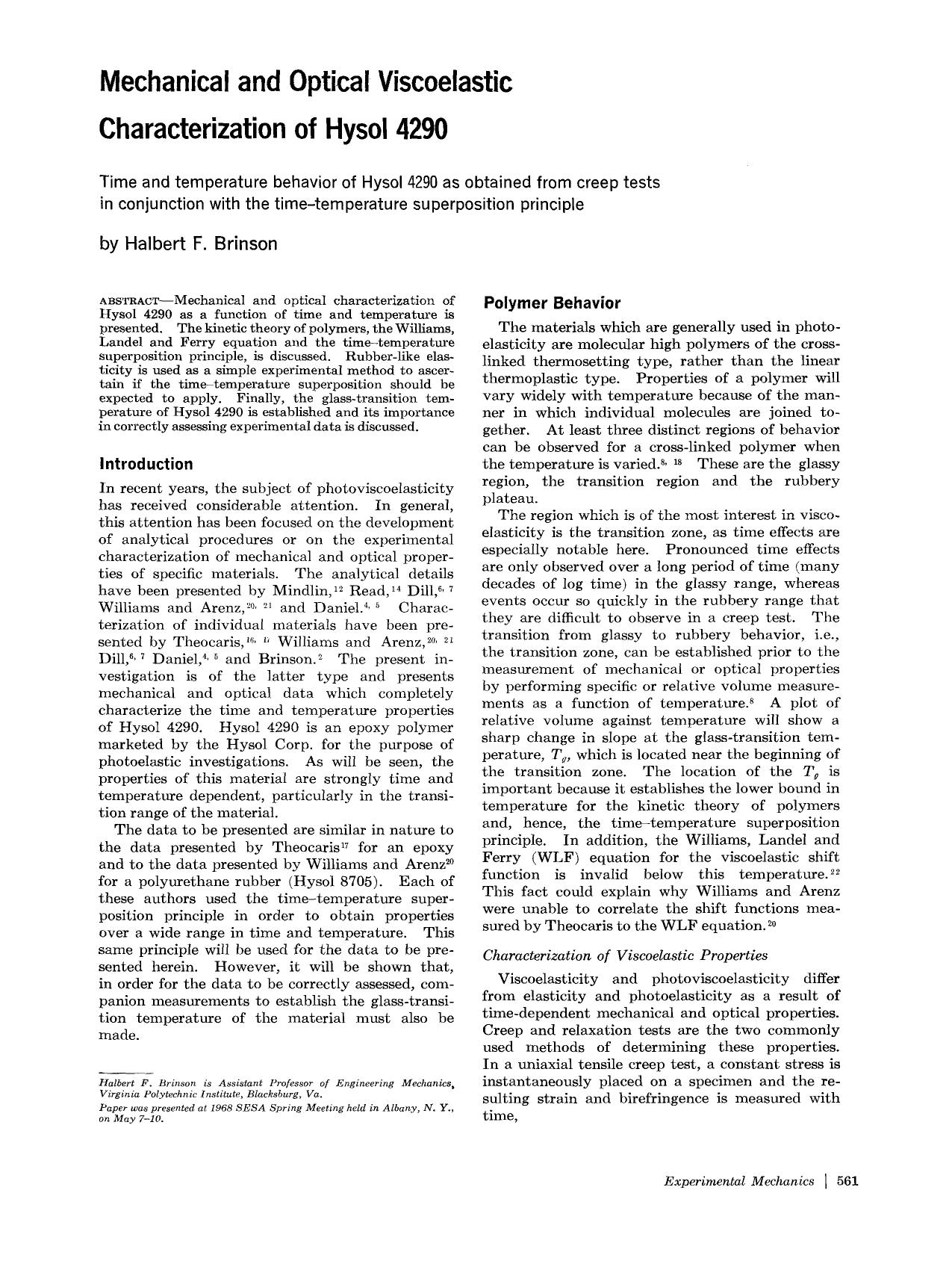 Mechanical and optical viscoelastic characterization of Hysol 4290 by Unknown