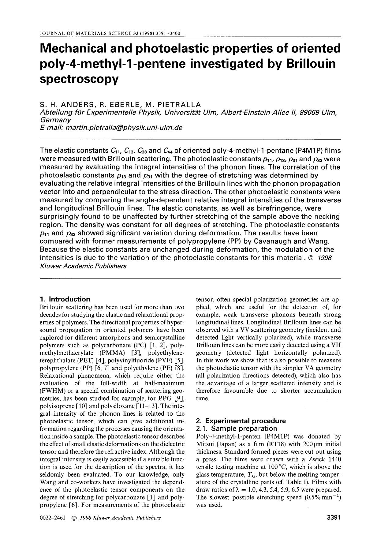 Mechanical and photoelastic properties of oriented poly-4-methyl-1-pentene investigated by Brillouin spectroscopy by Unknown
