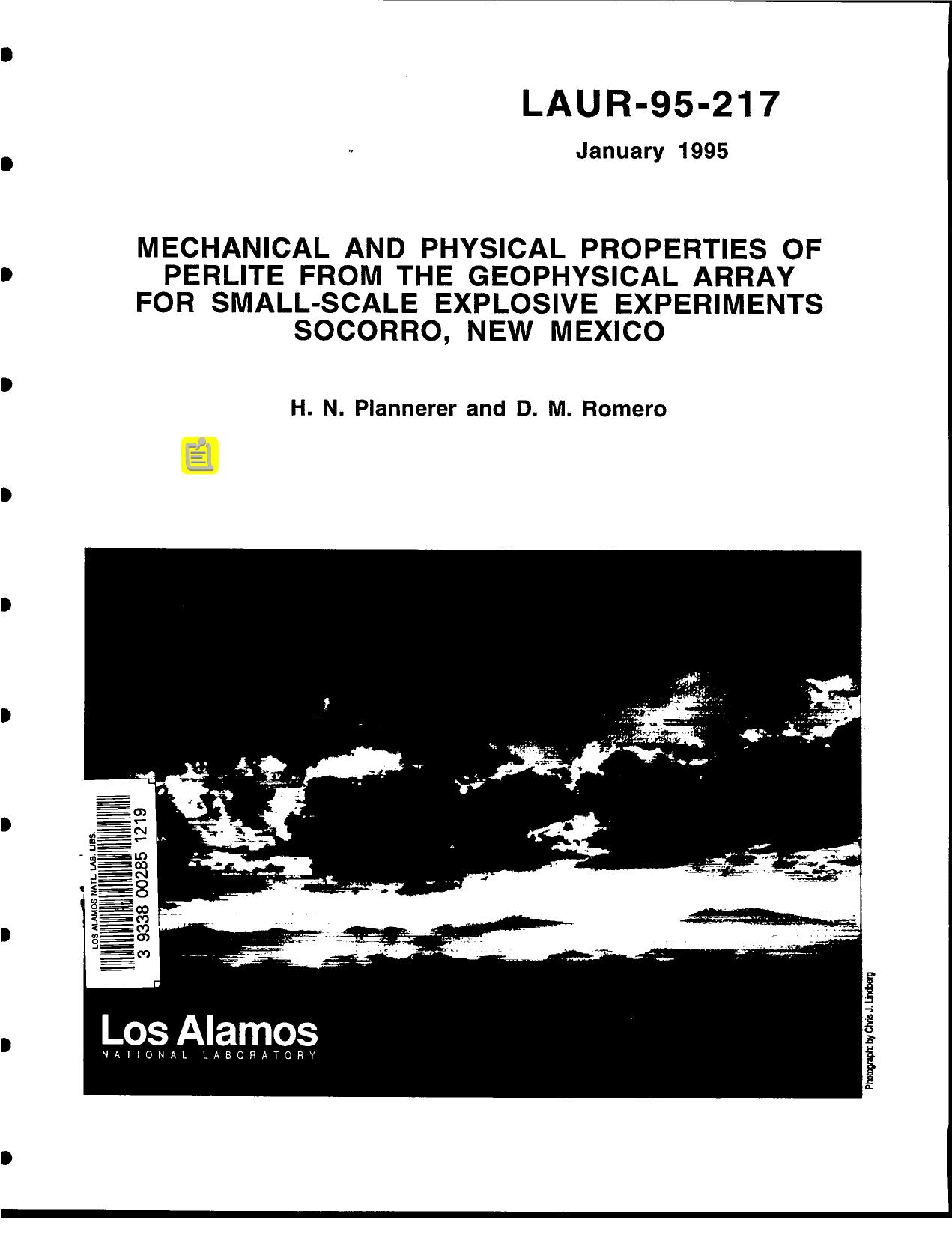 Mechanical and physical properties of perlite from the geophysical array from small-scale explosive experiments, Socorro, New Mexico None by LANL Research Library LWW Project