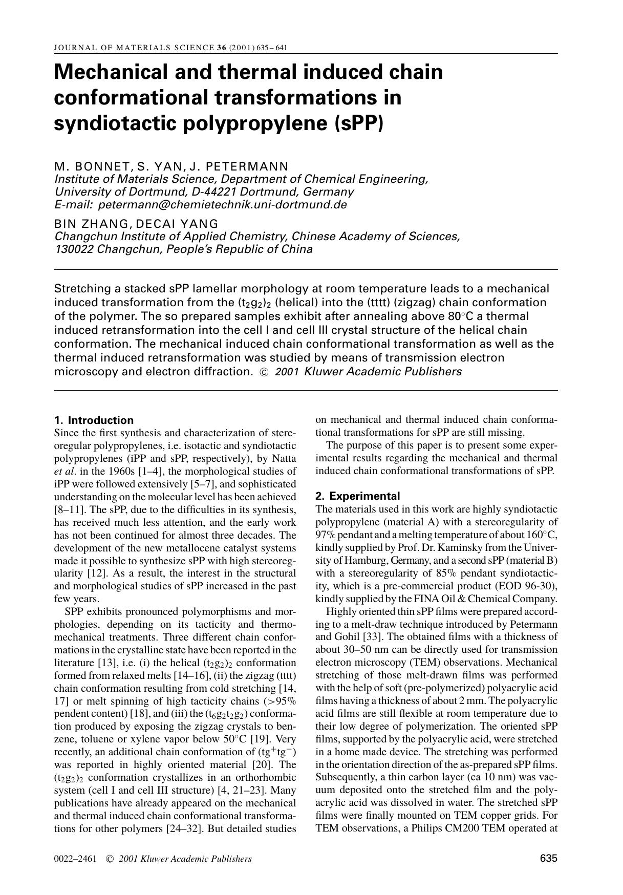 Mechanical and thermal induced chain conformational transformations in syndiotactic polypropylene (sPP) by Unknown
