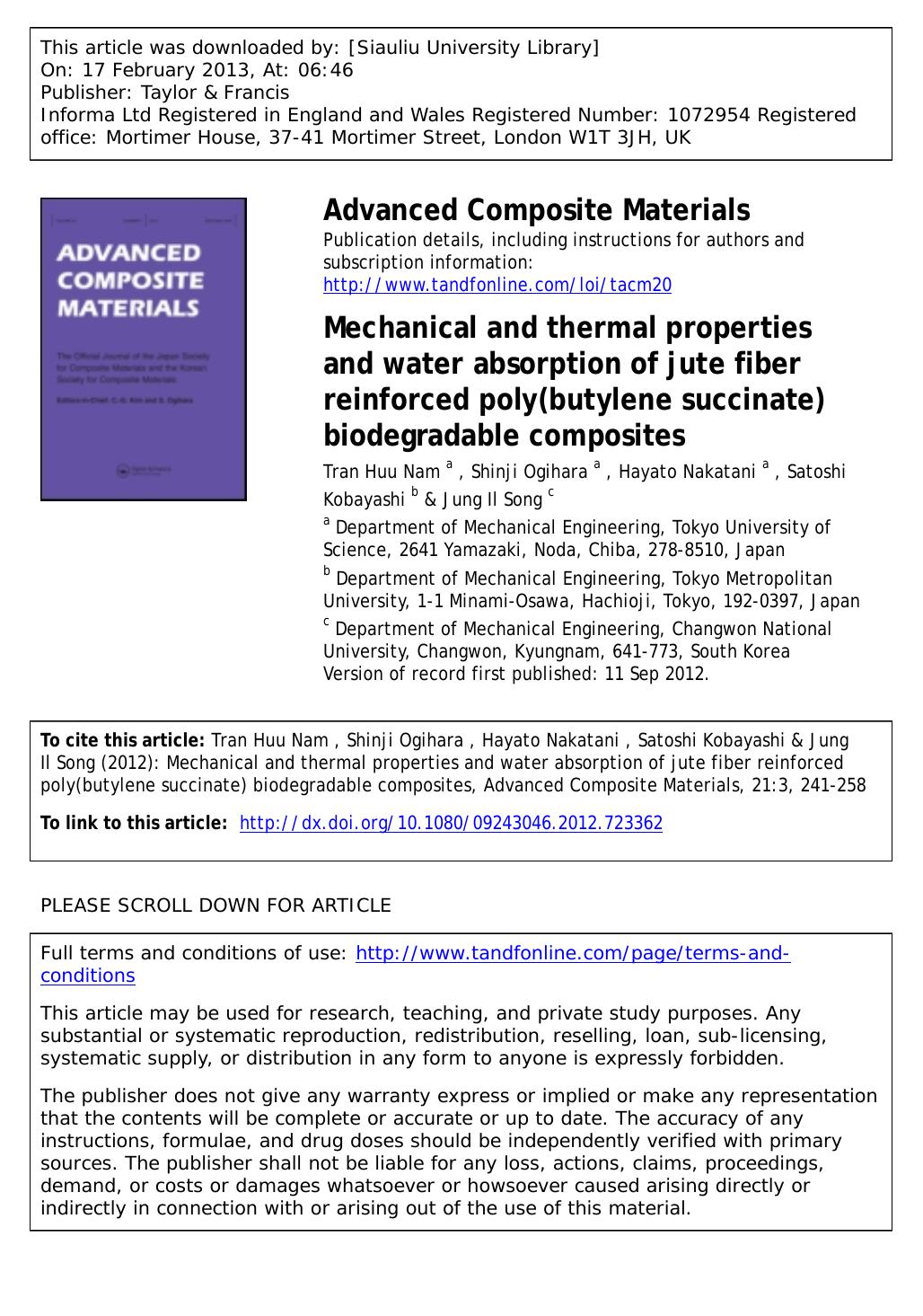 Mechanical and thermal properties and water absorption of jute fiber reinforced poly(butylene succinate) biodegradable composites by Tran Huu Nam Shinji Ogihara Hayato Nakatani Satoshi Kobayashi & Jung Il Song