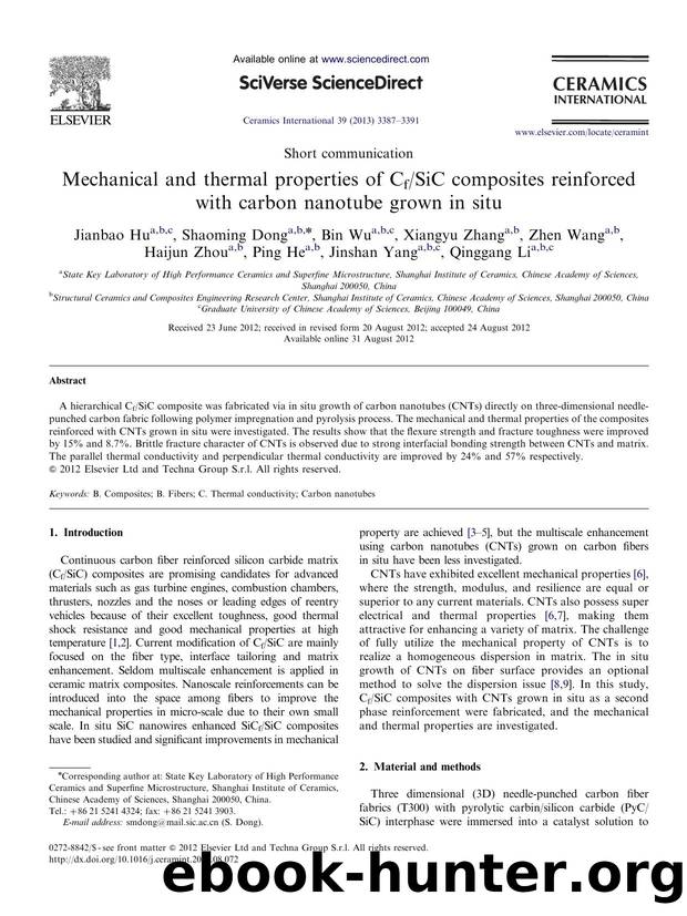 Mechanical and thermal properties of CfSiC composites reinforced with carbon nanotube grown in situ by unknow