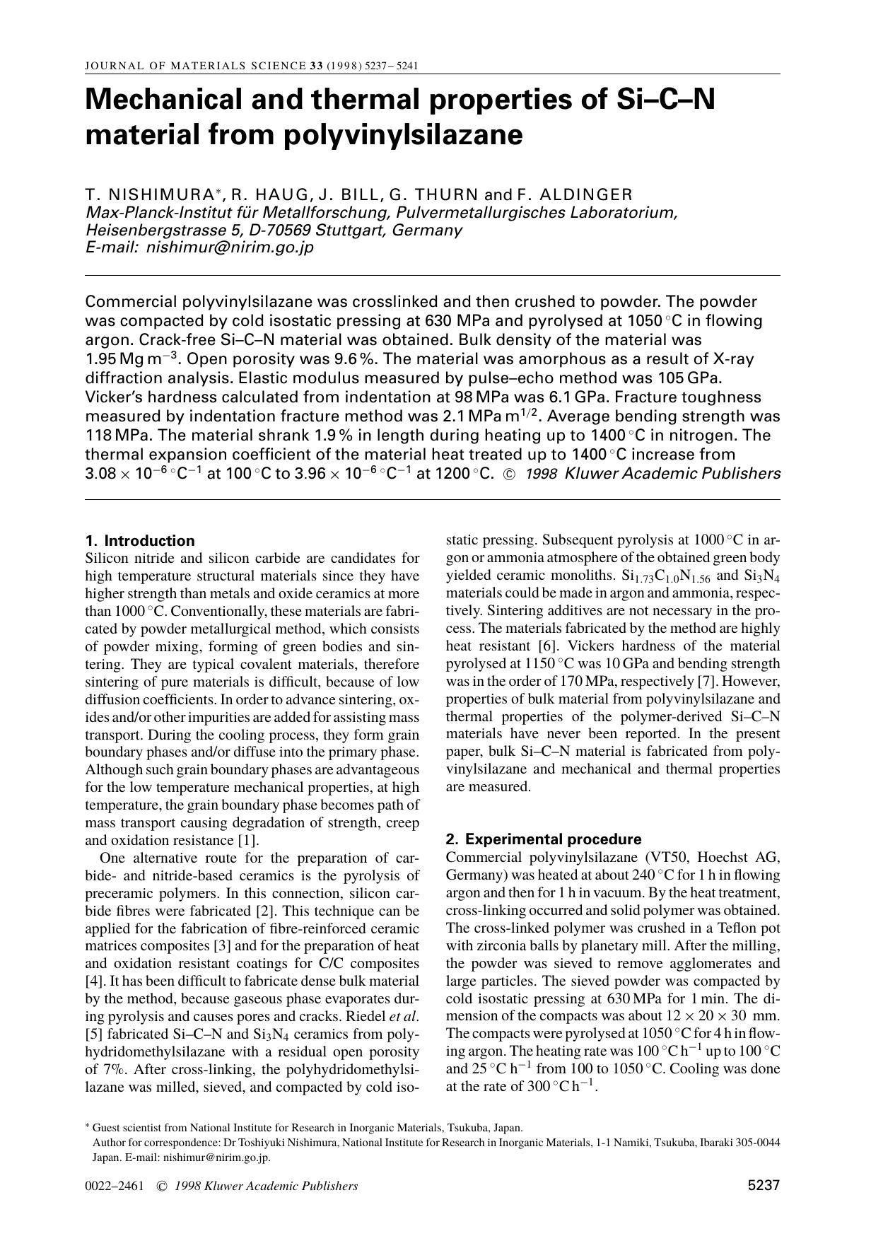 Mechanical and thermal properties of Si–C–N material from polyvinylsilazane by Unknown