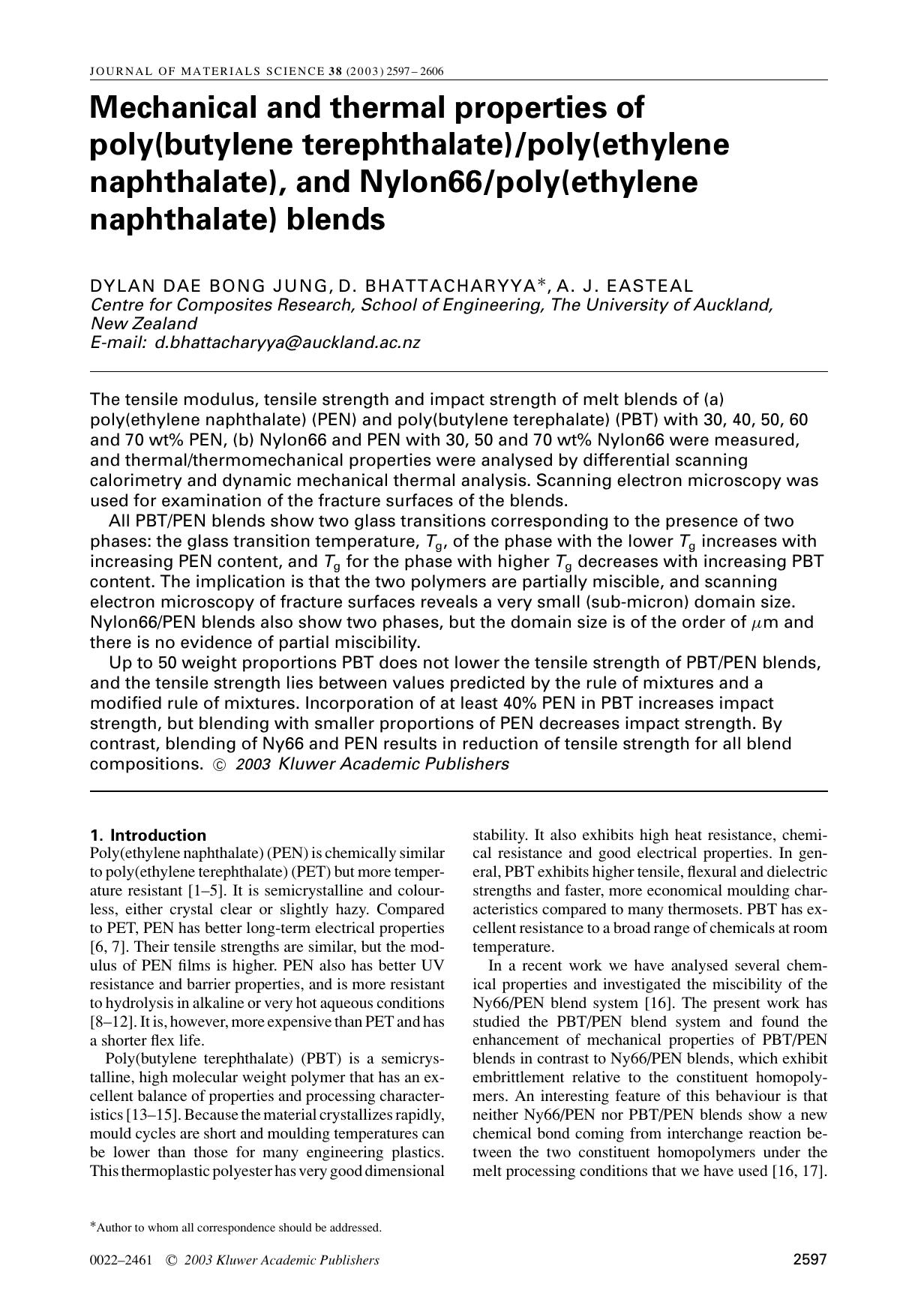 Mechanical and thermal properties of poly(butylene terephthalate)poly(ethylene naphthalate), and Nylon66poly(ethylene naphthalate) blends by Unknown