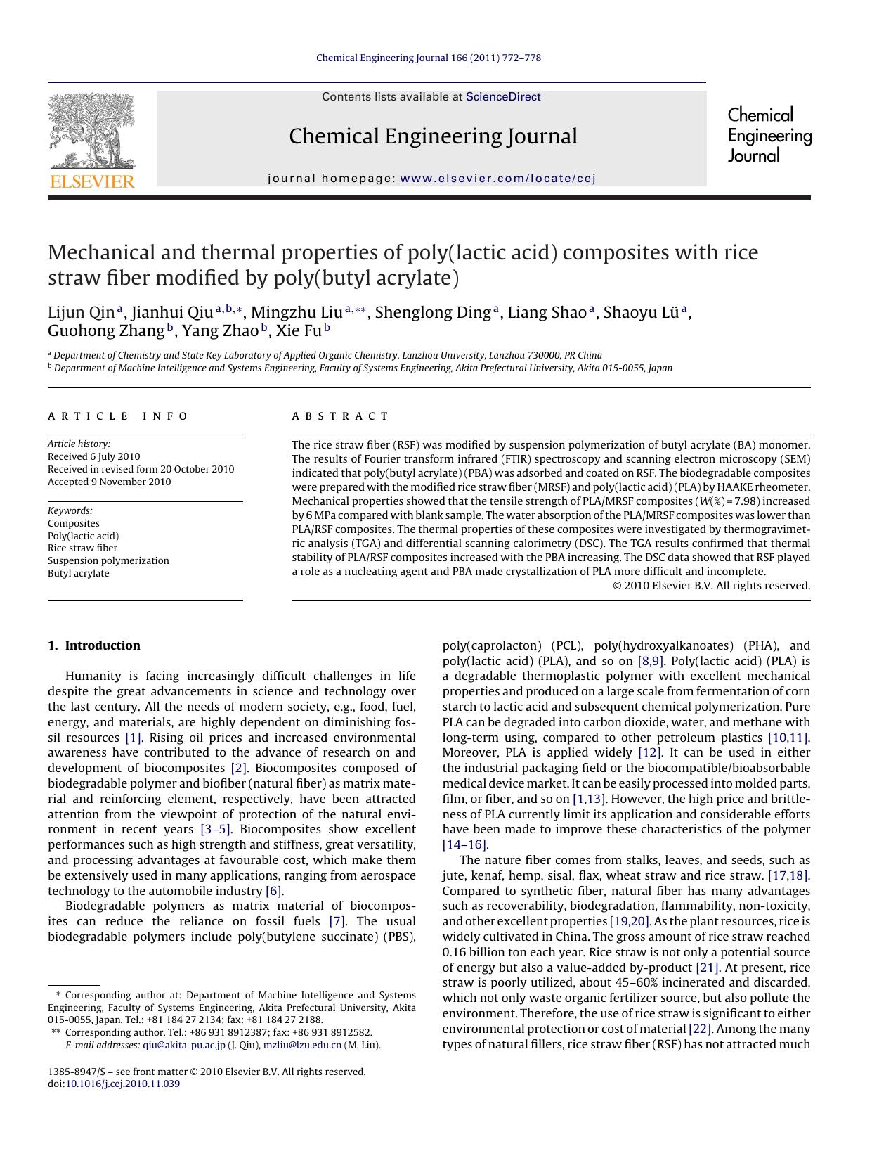 Mechanical and thermal properties of poly(lactic acid) composites with rice straw fiber modified by poly(butyl acrylate) by Lijun Qin