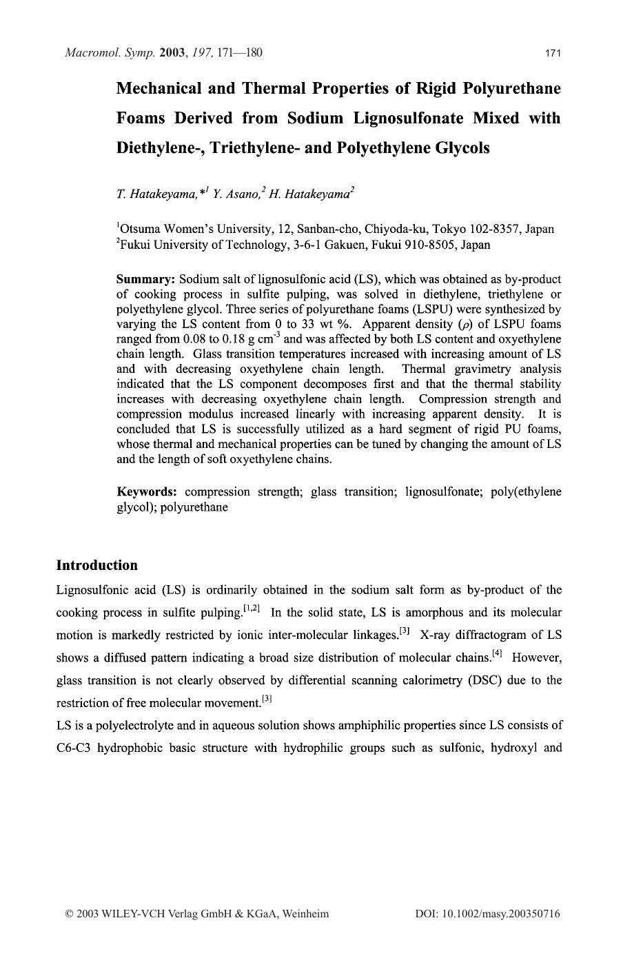Mechanical and thermal properties of rigid polyurethane foams derived from sodium lignosulfonate mixed with diethylene-, triethylene- and polyethylene glycols by Unknown