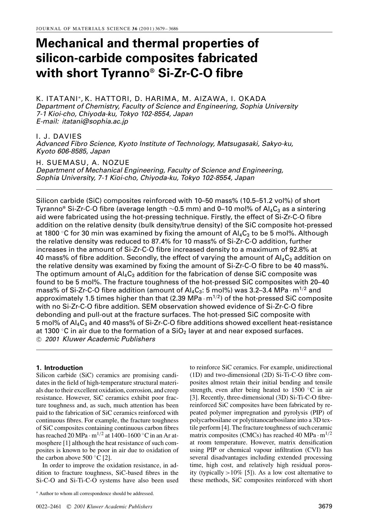 Mechanical and thermal properties of silicon-carbide composites fabricated with short Tyranno® Si-Zr-C-O fibre by Unknown