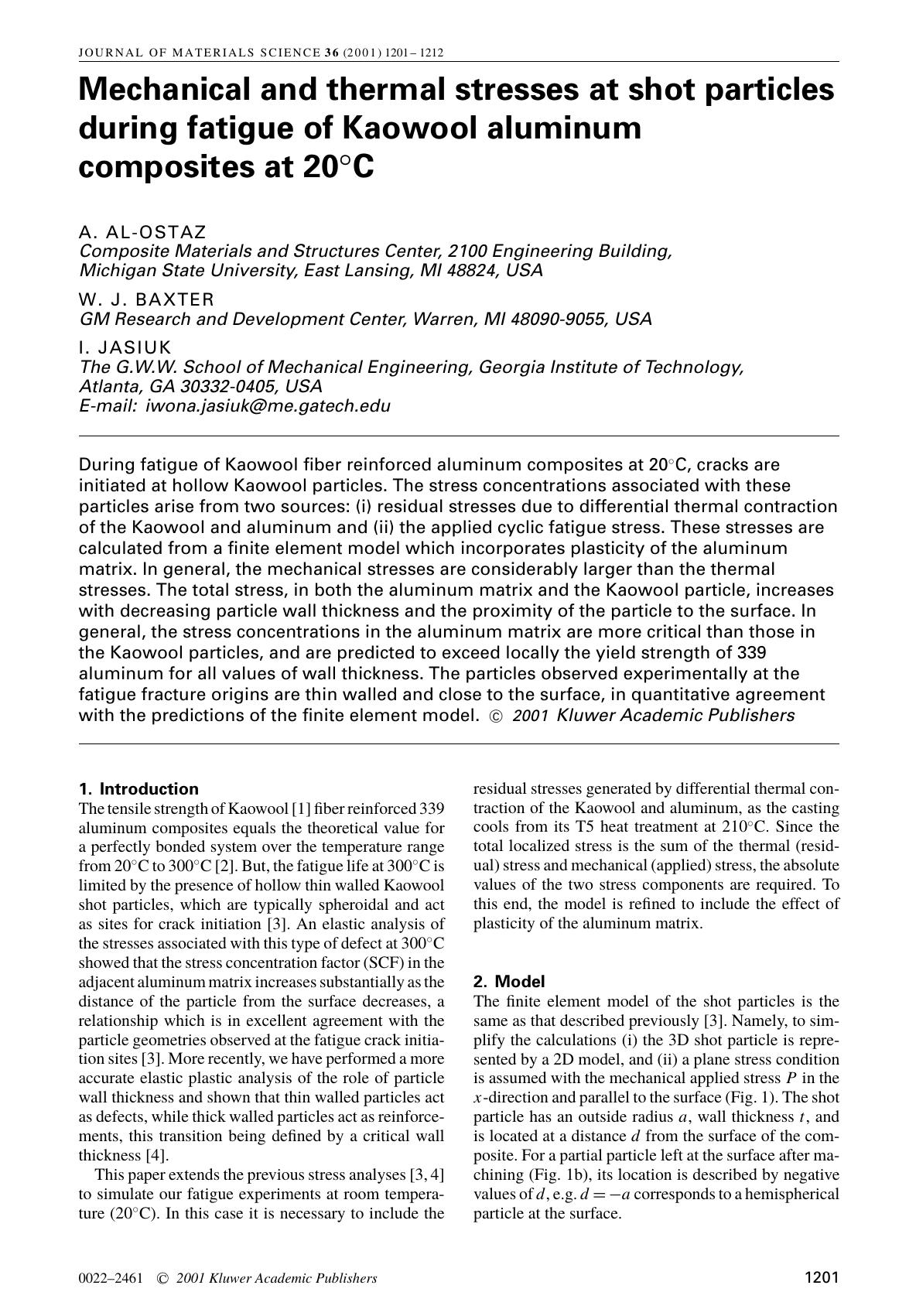 Mechanical and thermal stresses at shot particles during fatigue of Kaowool aluminum composites at 20°C by Unknown