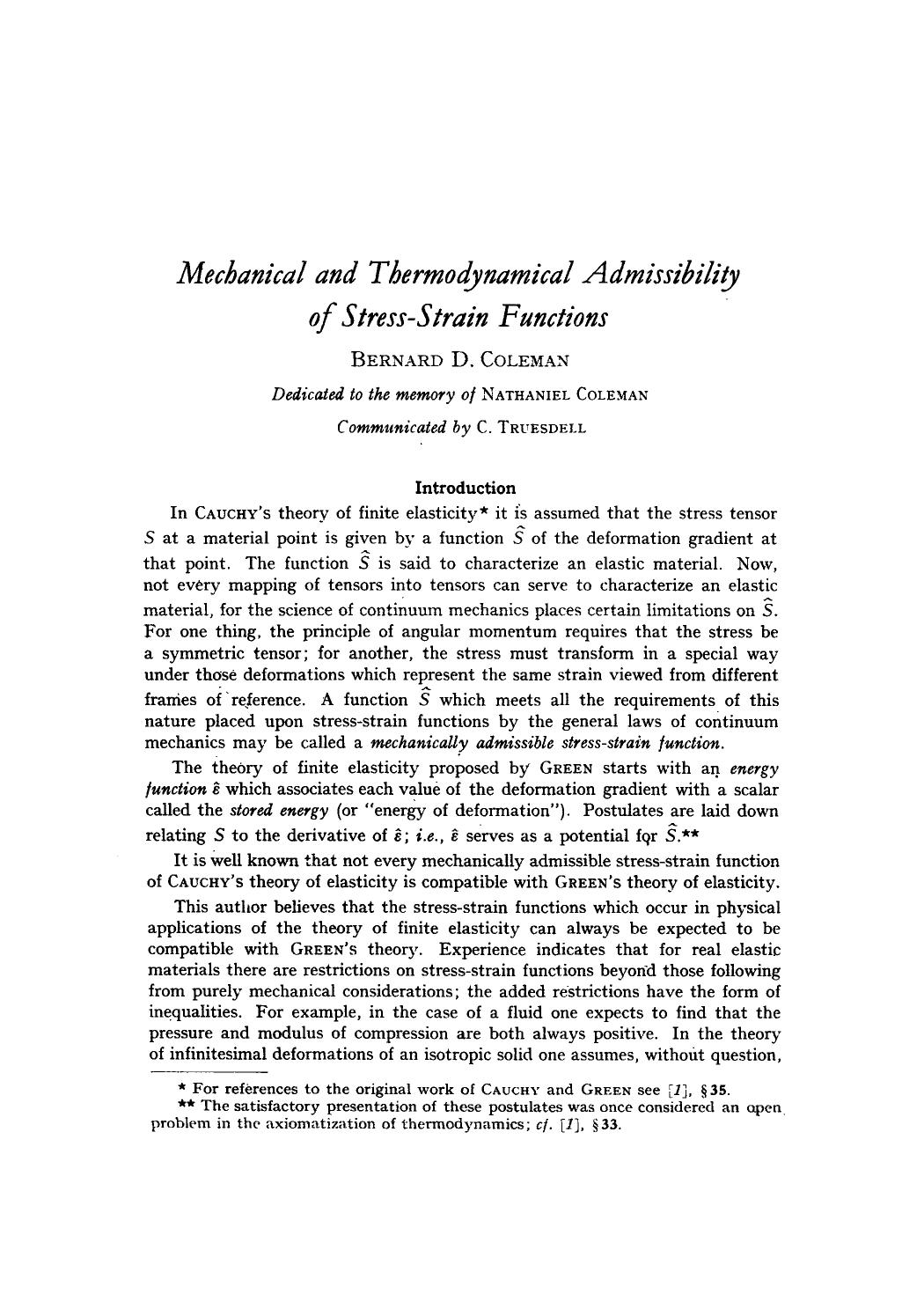 Mechanical and thermodynamical admissibility of stress-strain functions by Unknown
