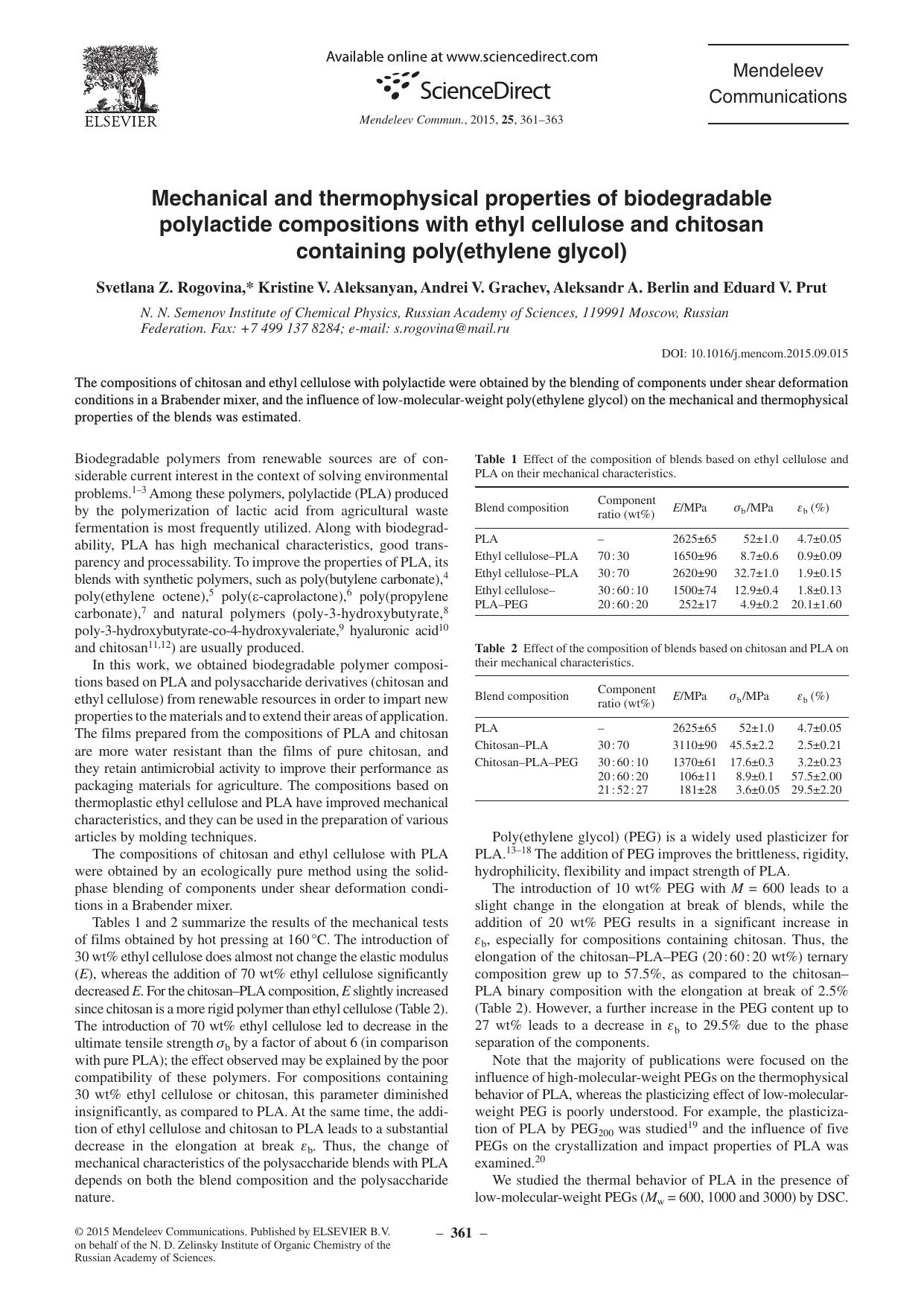 Mechanical and thermophysical properties of biodegradable polylactide compositions with ethyl cellulose and chitosan containing poly(ethylene glycol) by unknow
