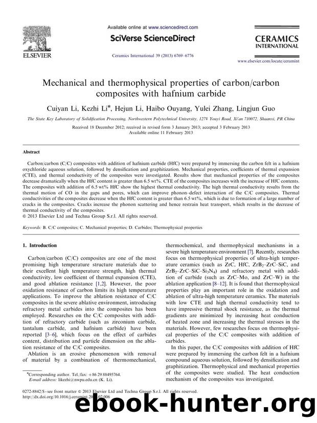 Mechanical and thermophysical properties of carboncarbon composites with hafnium carbide by Cuiyan Li & Kezhi Li & Hejun Li & Haibo Ouyang & Yulei Zhang & Lingjun Guo