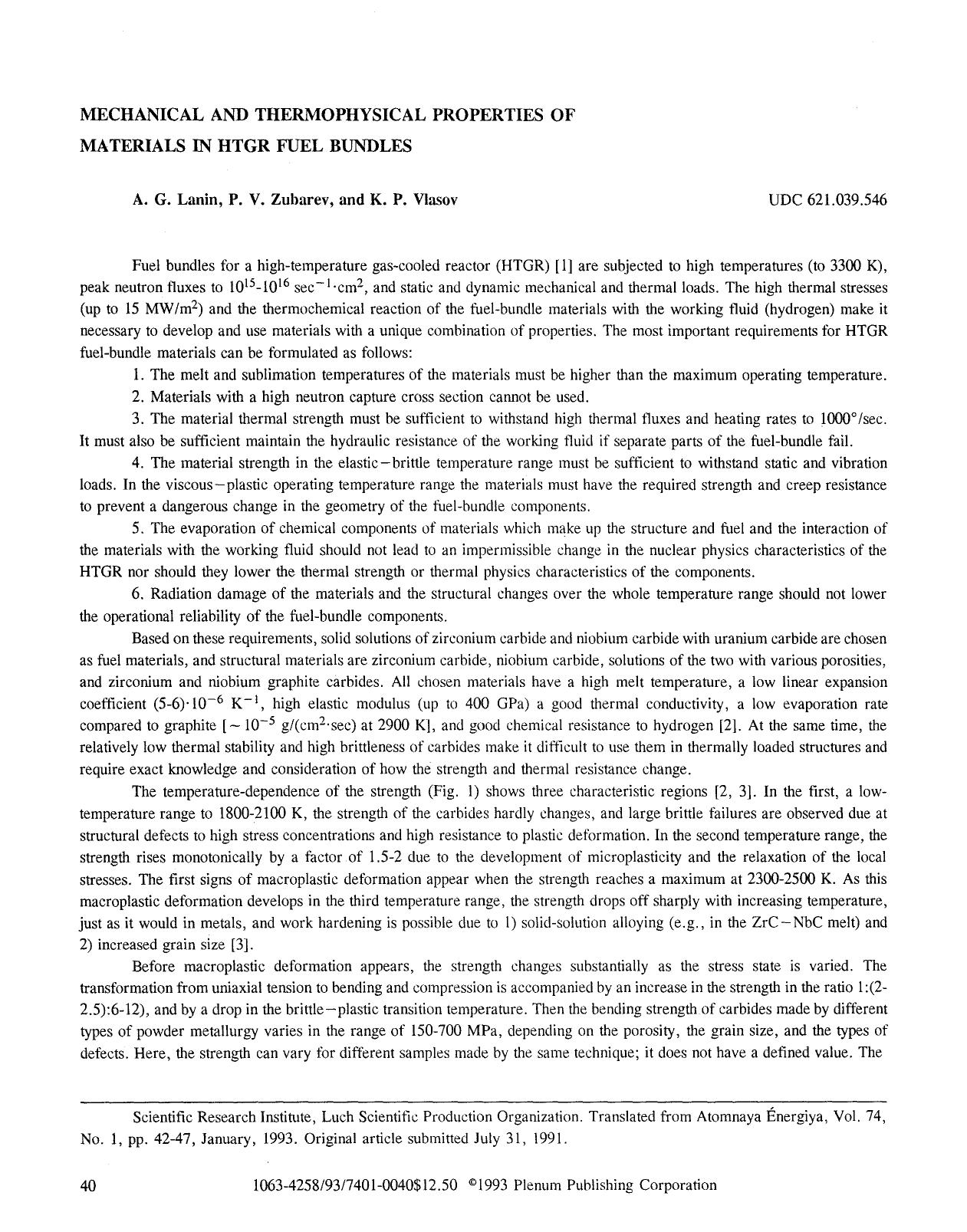 Mechanical and thermophysical properties of materials in HTGR fuel bundles by Unknown