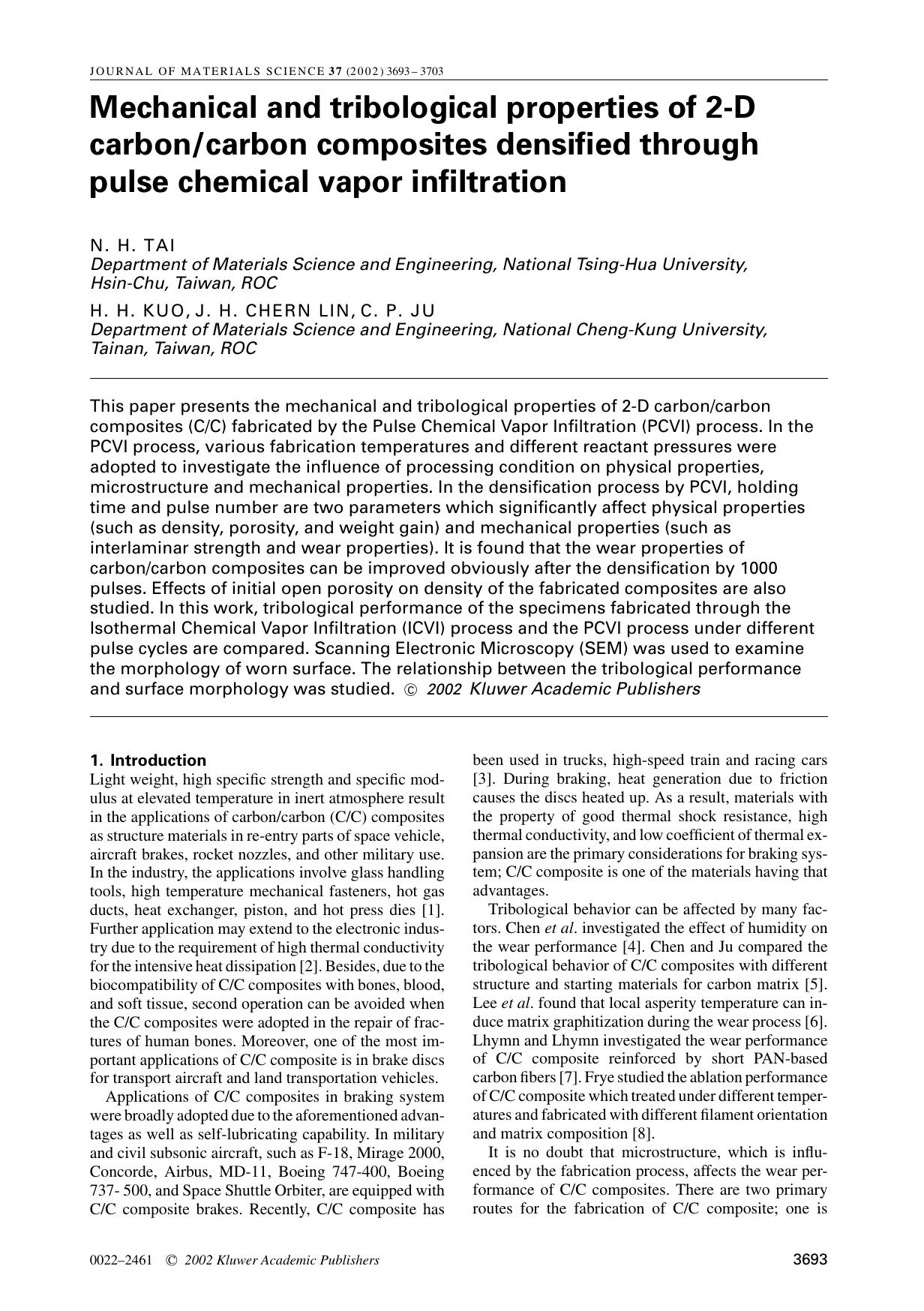 Mechanical and tribological properties of 2-D carboncarbon composites densified through pulse chemical vapor infiltration by Unknown