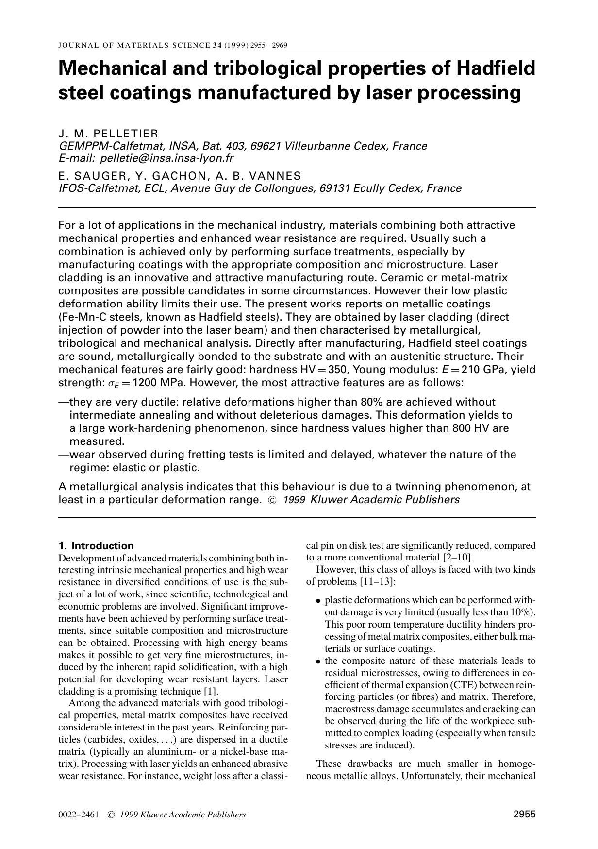 Mechanical and tribological properties of Hadfield steel coatings manufactured by laser processing by Unknown