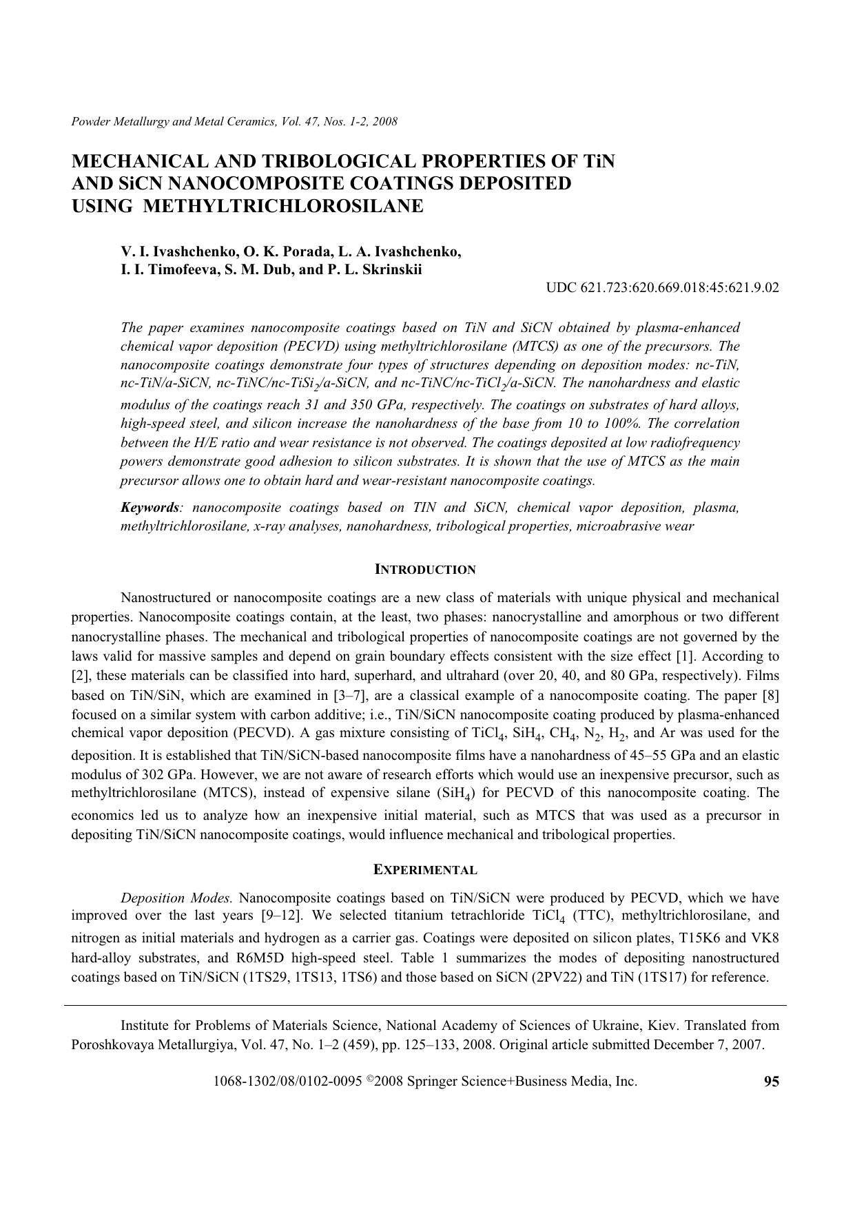 Mechanical and tribological properties of TiN and SiCN nanocomposite coatings deposited using methyltrichlorosilane by Unknown