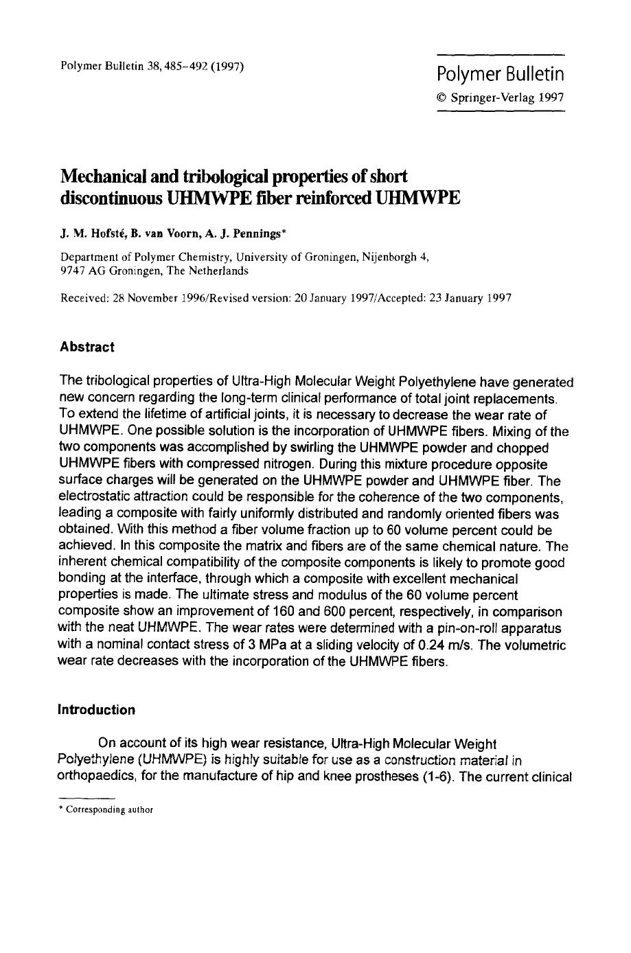 Mechanical and tribological properties of short discontinuous UHMWPE fiber reinforced UHMWPE by Unknown