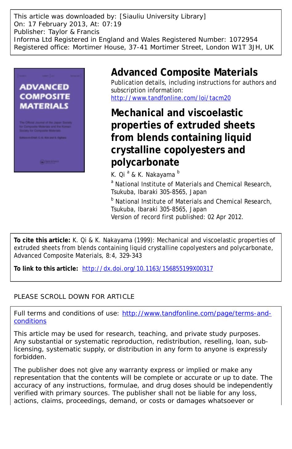 Mechanical and viscoelastic properties of extruded sheets from blends containing liquid crystalline copolyesters and polycarbonate by K. Qi & K. Nakayama