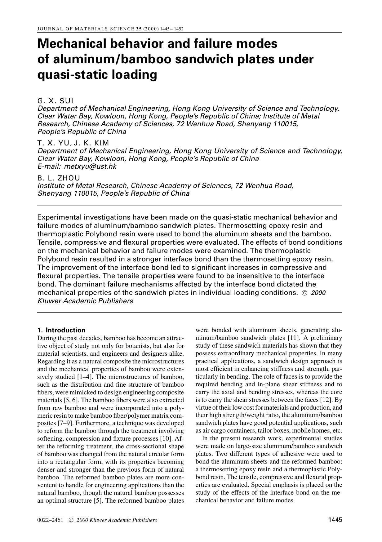 Mechanical behavior and failure modes of aluminumbamboo sandwich plates under quasi-static loading by Unknown