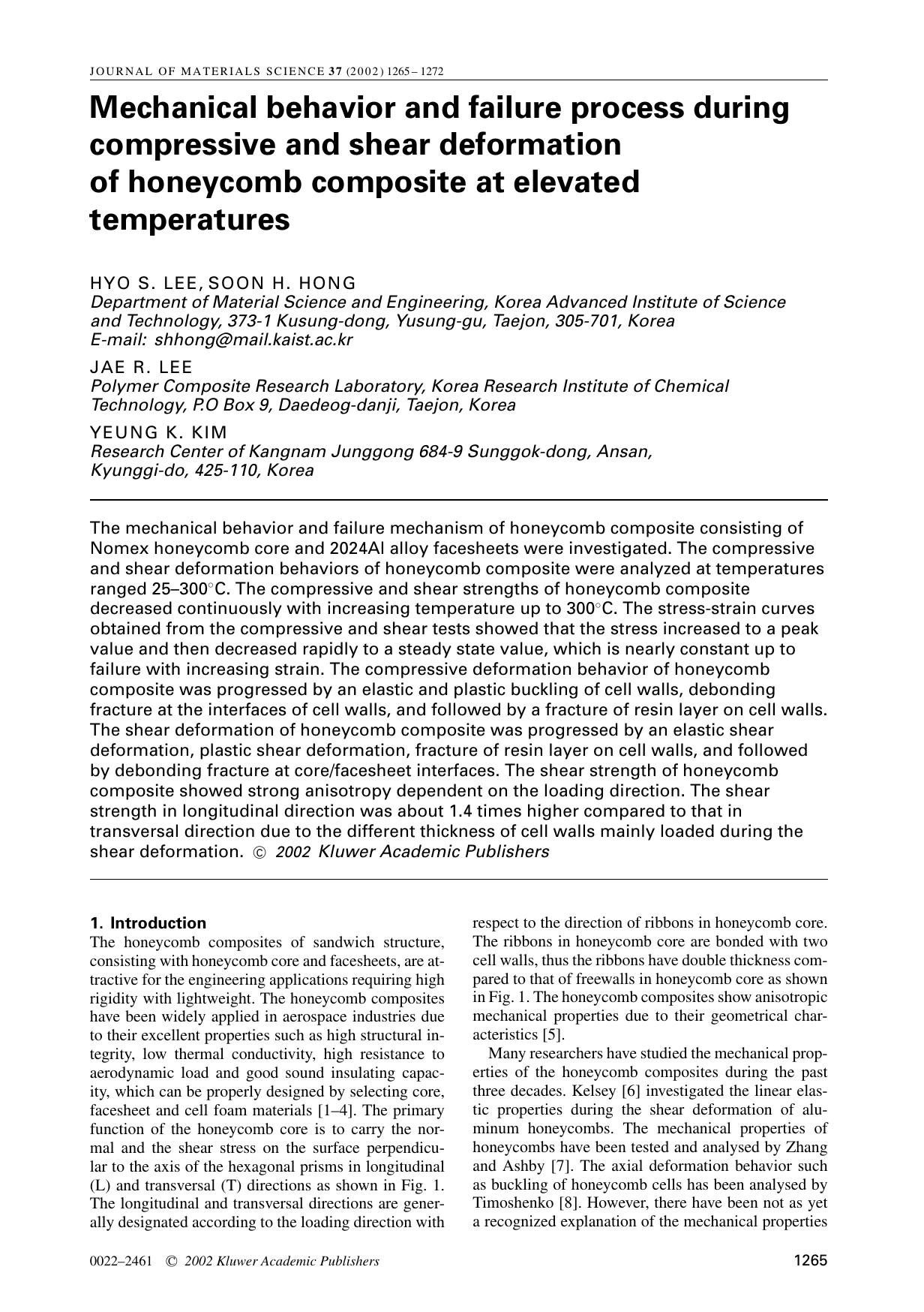 Mechanical behavior and failure process during compressive and shear deformation of honeycomb composite at elevated temperatures by Unknown
