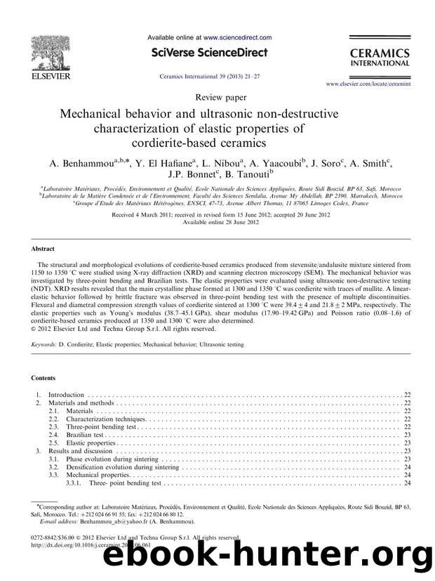 Mechanical behavior and ultrasonic non-destructive characterization of elastic properties of cordierite-based ceramics by unknow