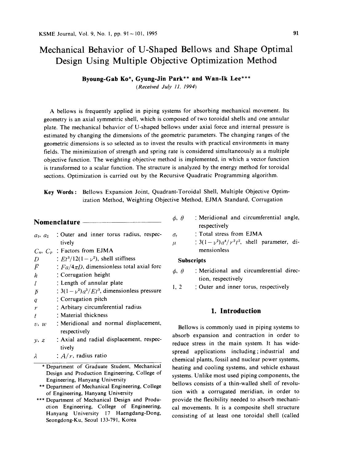 Mechanical behavior of U-shaped bellows and shape optimal design using multiple objective optimization method by Unknown