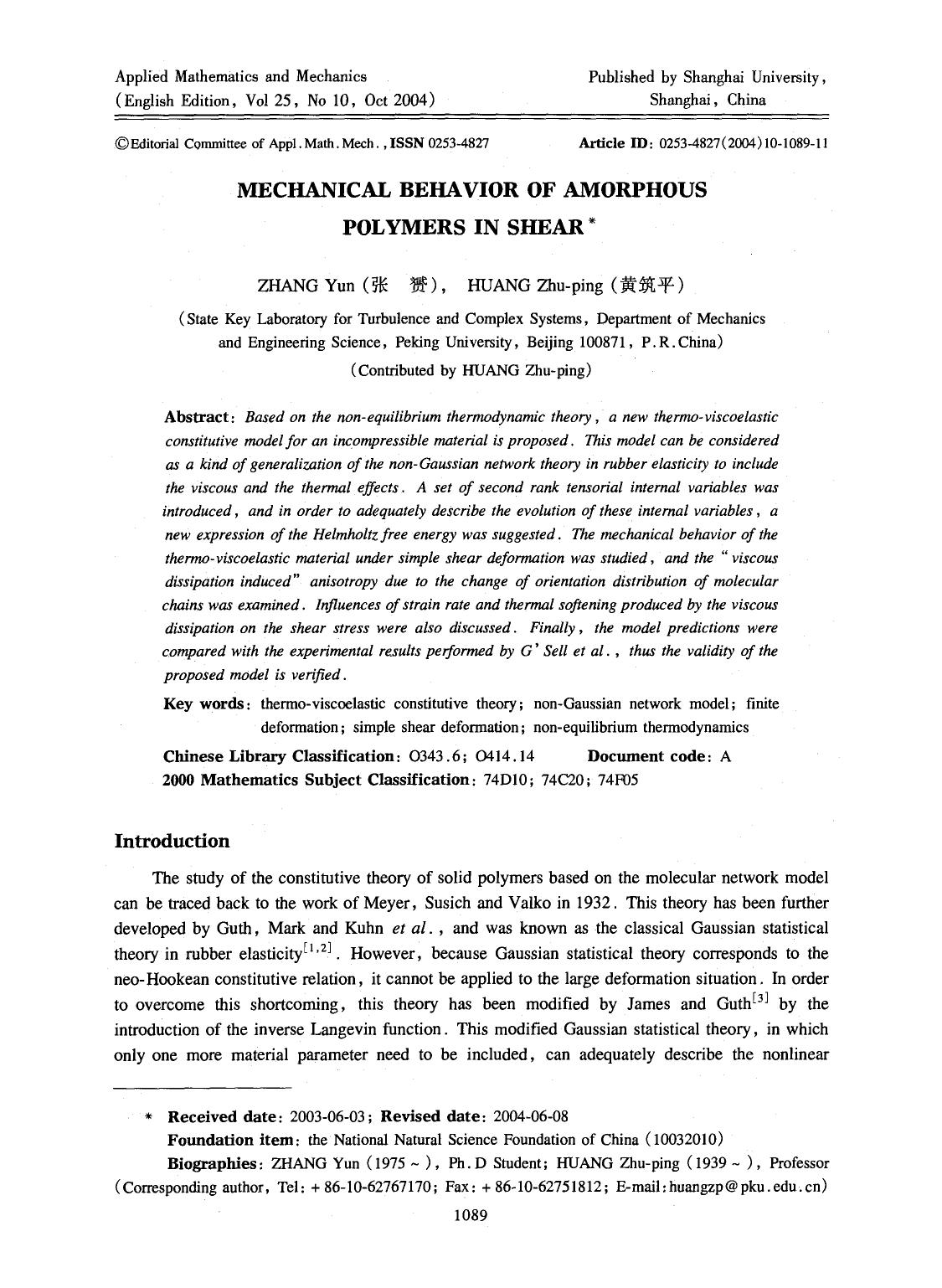 Mechanical behavior of amorphous polymers in shear by Unknown