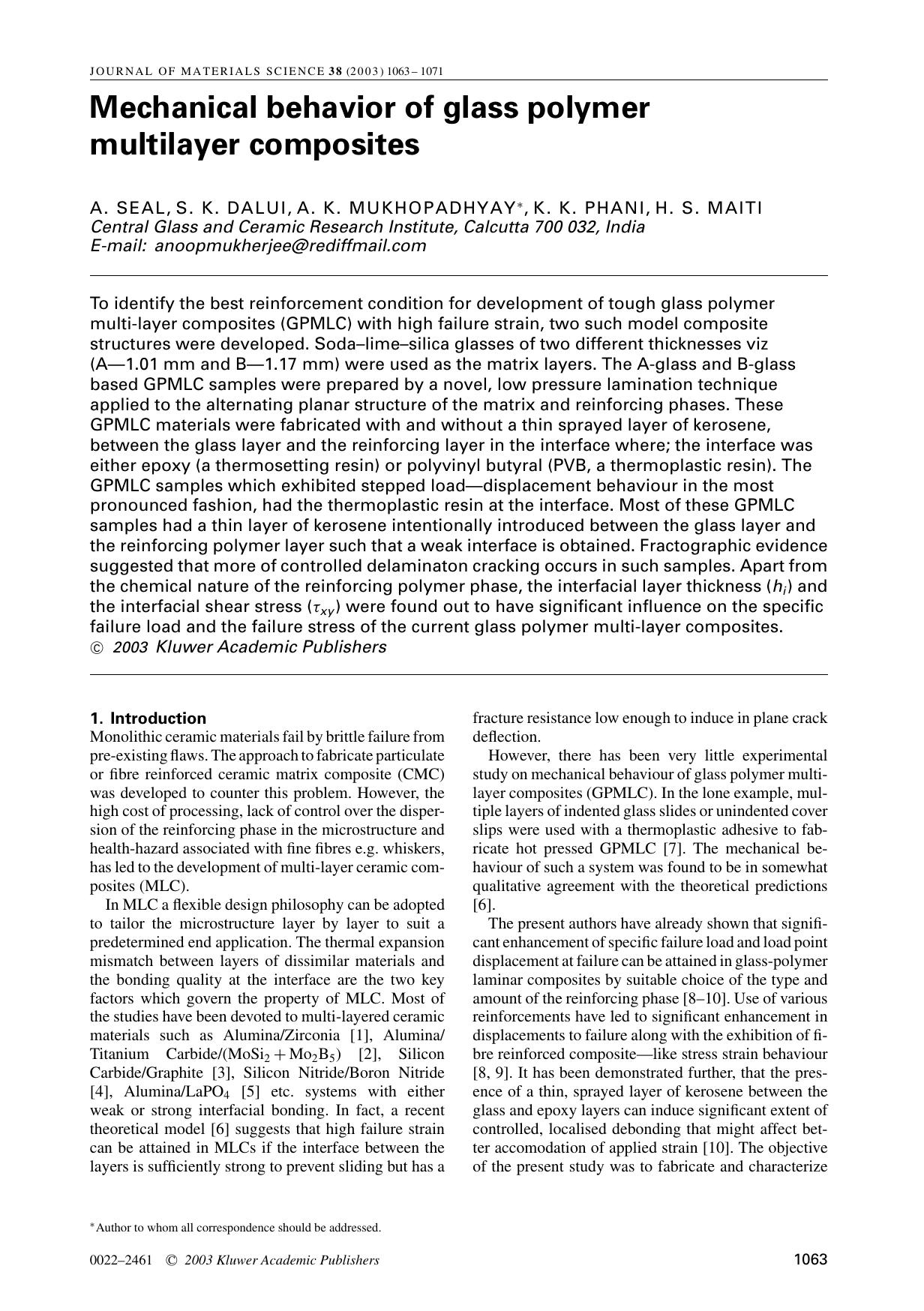 Mechanical behavior of glass polymer multilayer composites by Unknown