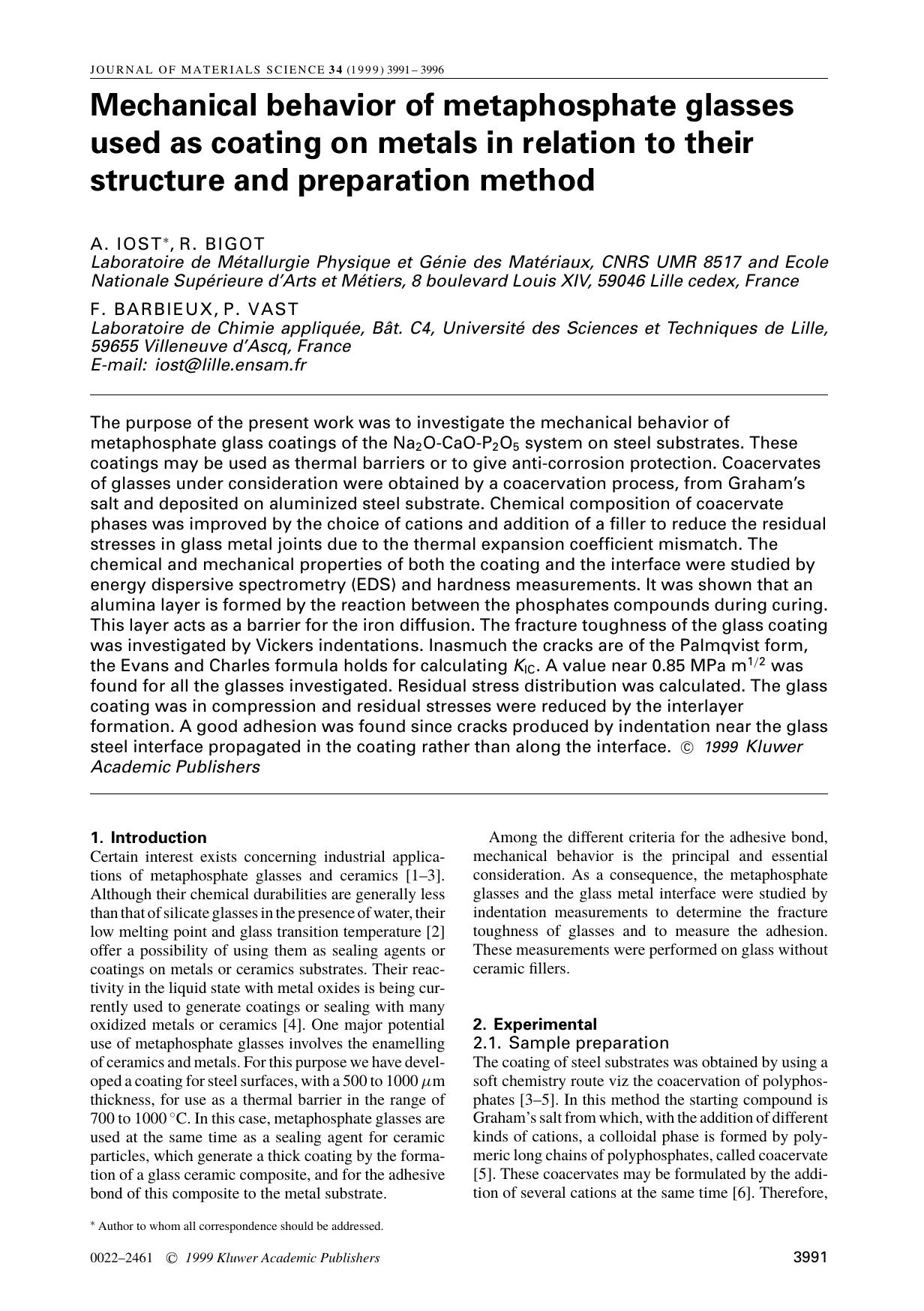Mechanical behavior of metaphosphate glasses used as coating on metals in relation to their structure and preparation method by Unknown