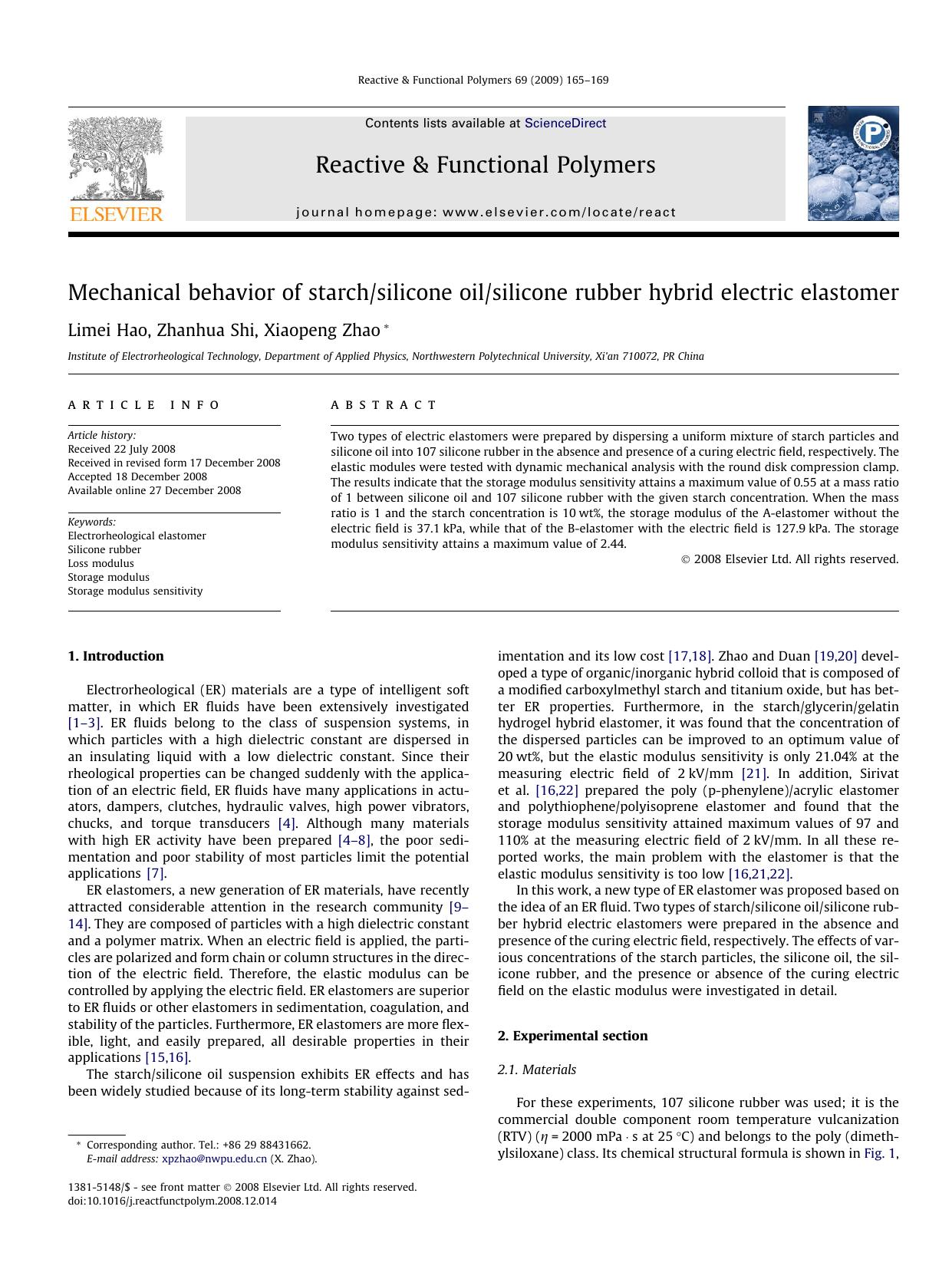 Mechanical behavior of starchsilicone oilsilicone rubber hybrid electric elastomer by Limei Hao; Zhanhua Shi; Xiaopeng Zhao