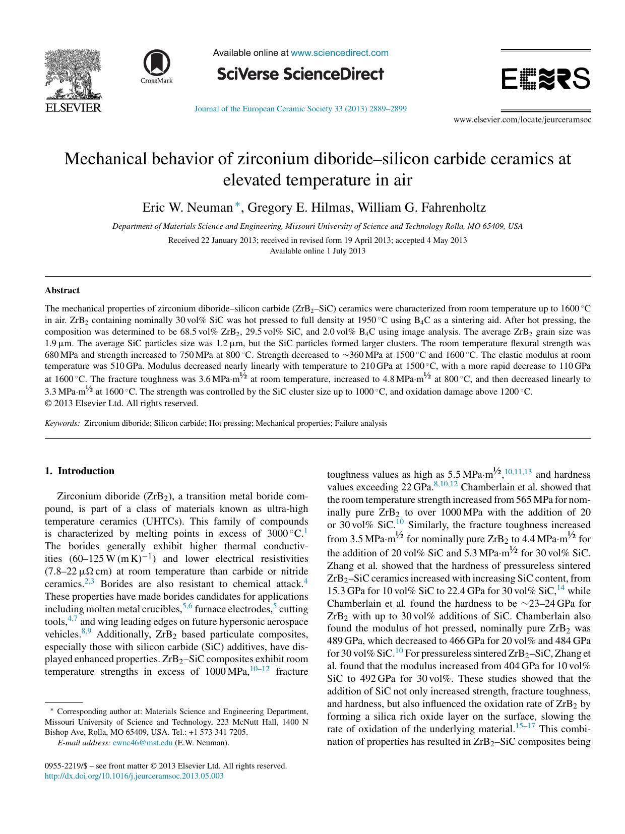 Mechanical behavior of zirconium diborideâsilicon carbide ceramics at elevated temperature in air by Eric W. Neuman