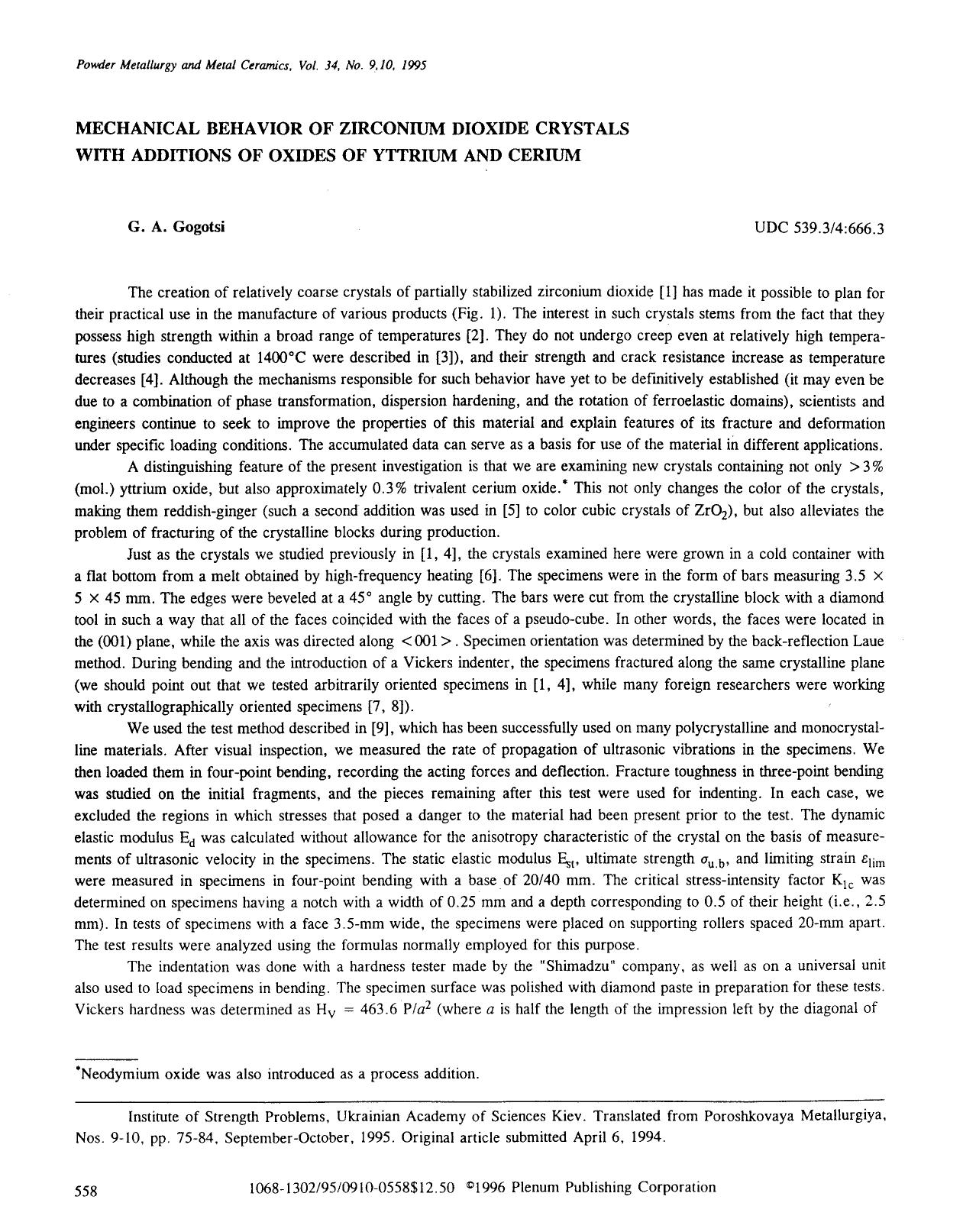 Mechanical behavior of zirconium dioxide crystals with additions of oxides of yttrium and cerium by Unknown