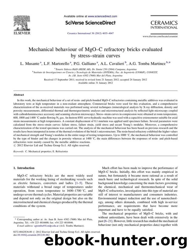 Mechanical behaviour of MgOâC refractory bricks evaluated by stressâstrain curves by L. Musante
