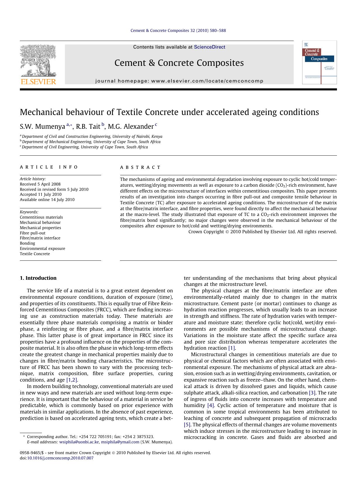 Mechanical behaviour of Textile Concrete under accelerated ageing conditions by S.W. Mumenya & R.B. Tait & M.G. Alexander