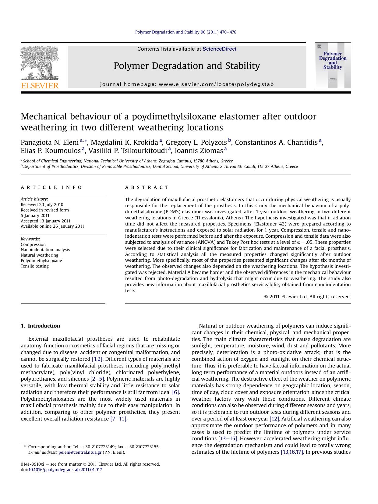Mechanical behaviour of a poydimethylsiloxane elastomer after outdoor weathering in two different weathering locations by unknow
